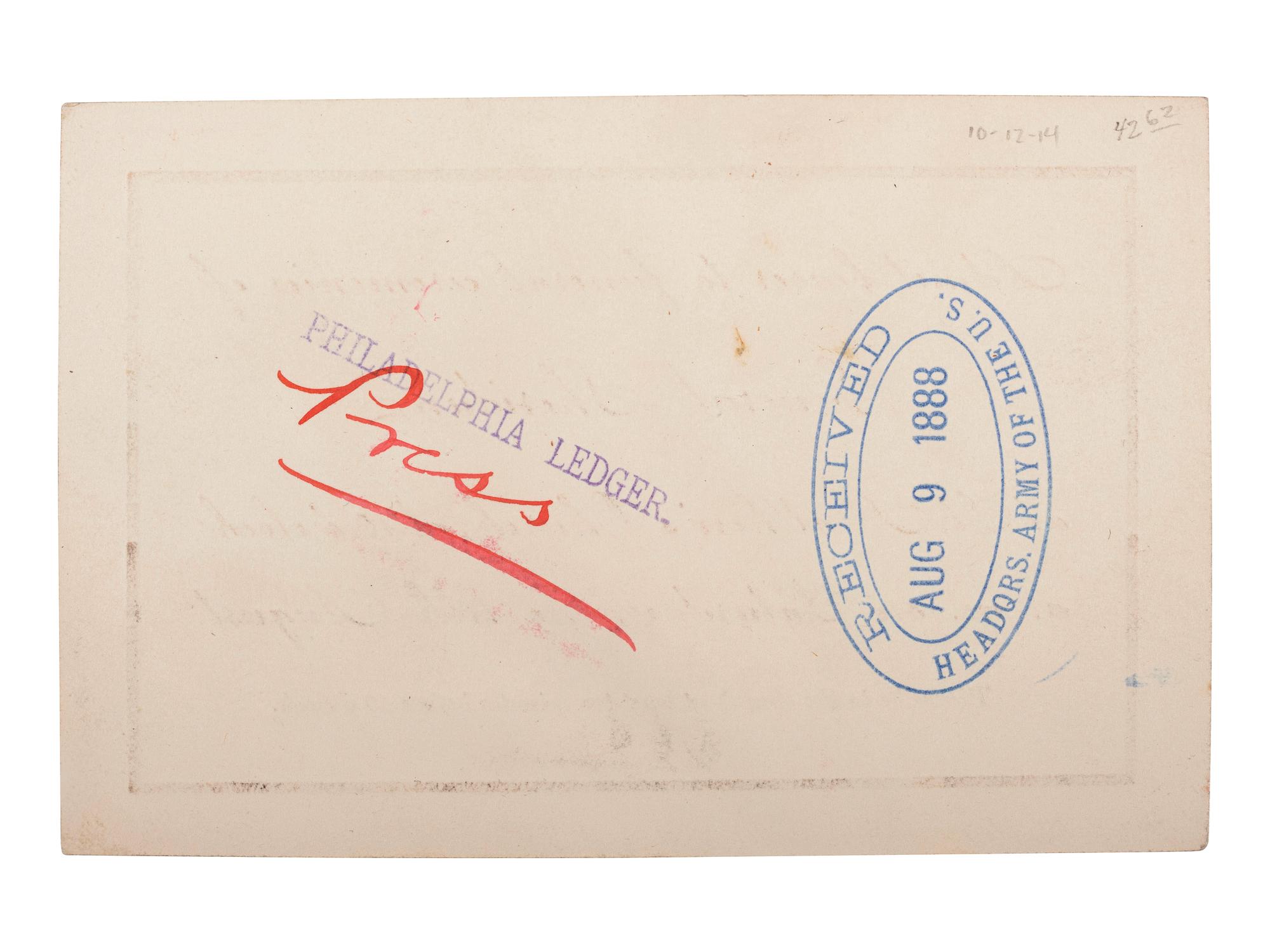 [CIVIL WAR]. SHERIDAN, Philip (1831-1888). Ticket to the funeral ceremonies of General Sheridan. [Washington, D.C.], August 1888.