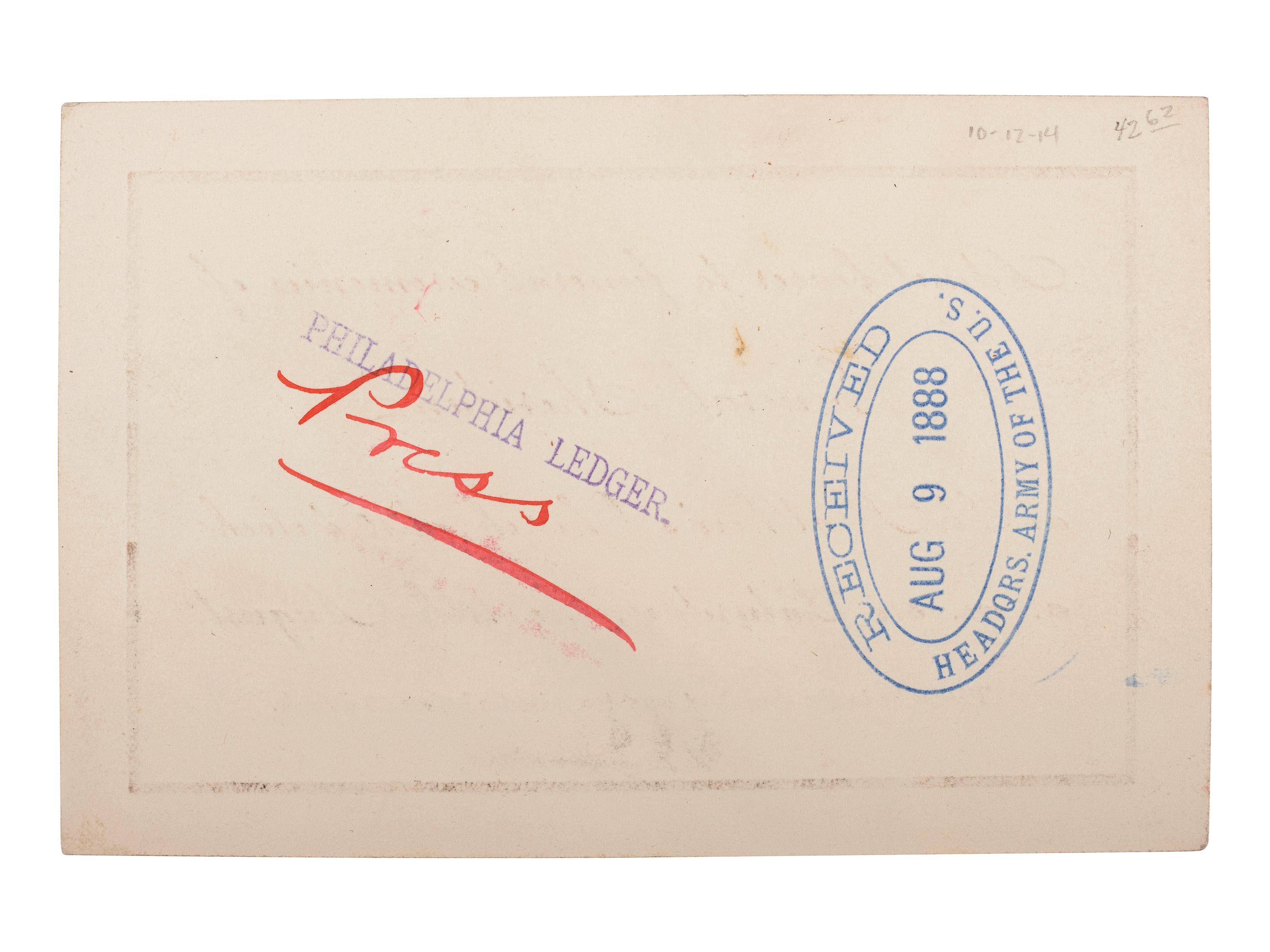 [CIVIL WAR]. SHERIDAN, Philip (1831-1888). Ticket to the funeral ceremonies of General Sheridan. [Washington, D.C.], August 1888.