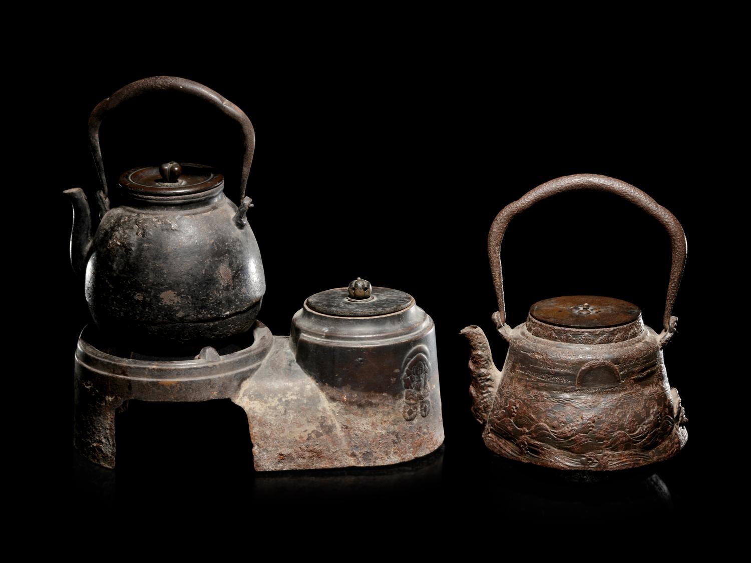 Four Japanese Cast Iron Teapots, Tetsubin