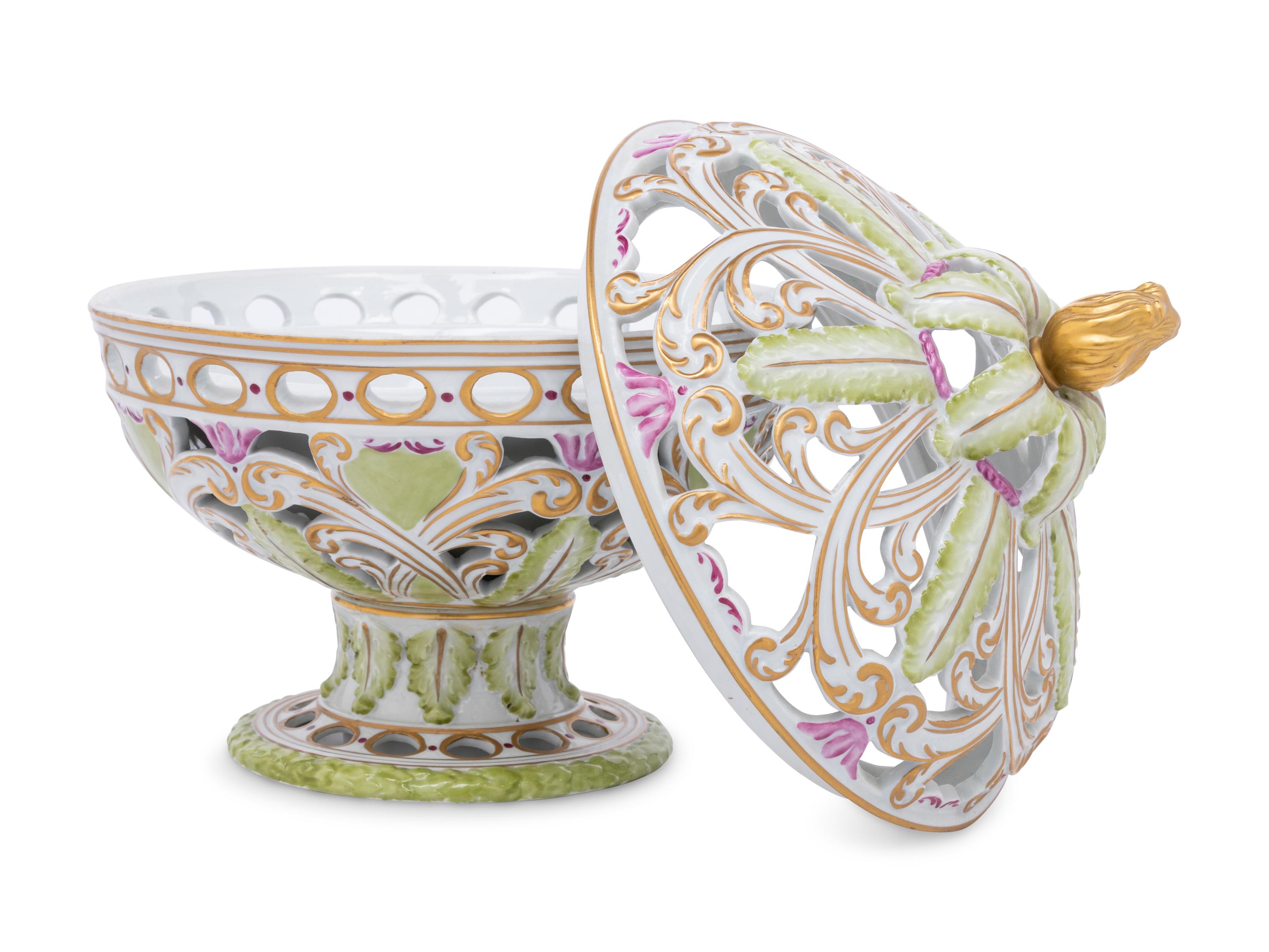 A French Polychrome Glazed Porcelain Reticulated Bowl and Cover