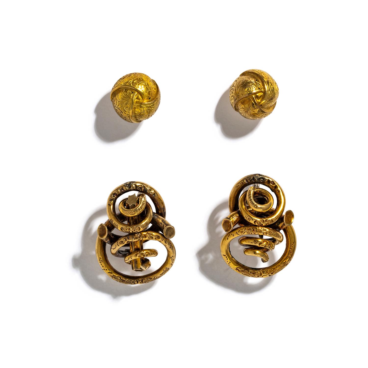 ANTIQUE, TWO PAIRS OF YELLOW GOLD EARRINGS