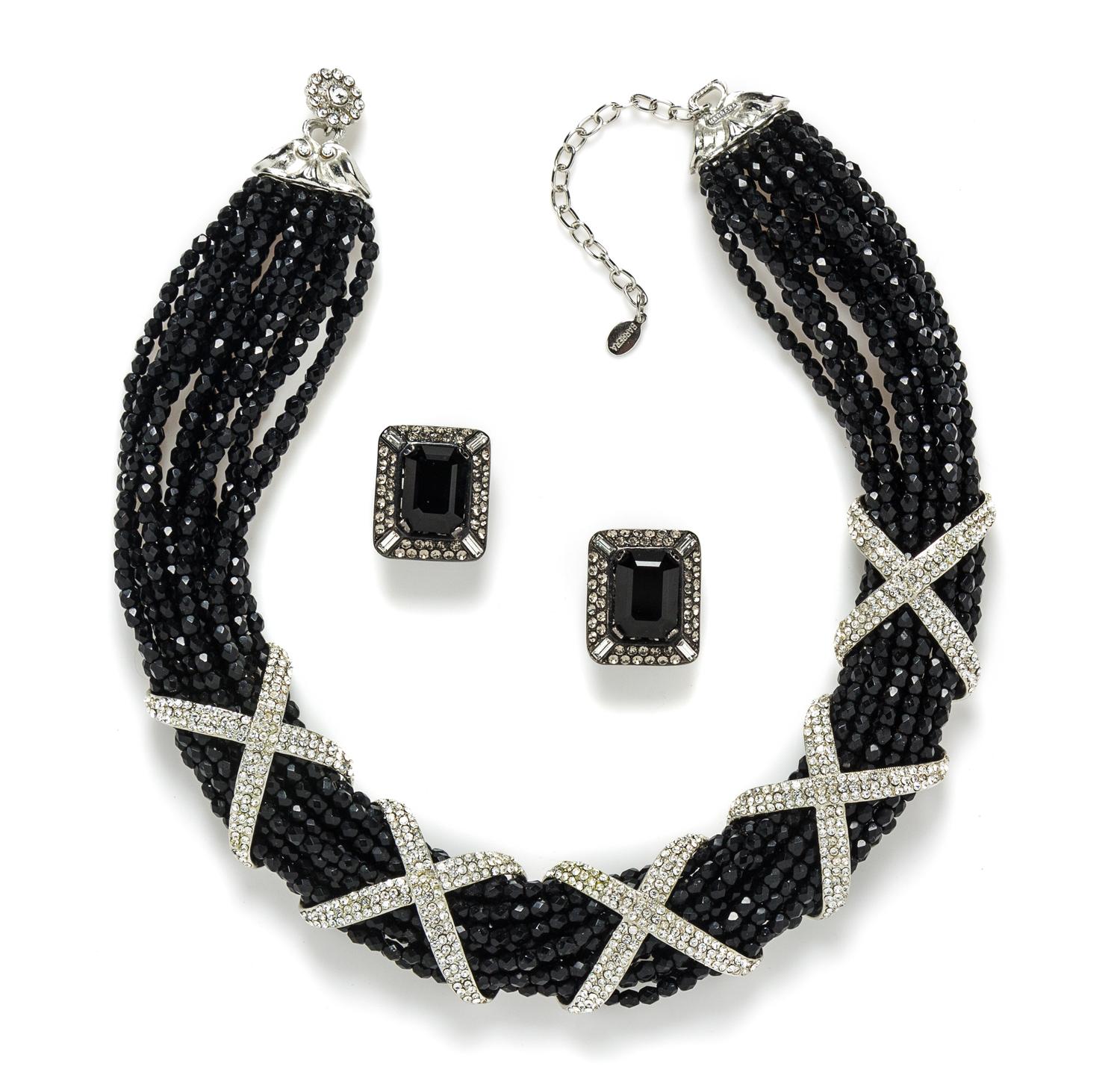 A Barrera Black Bead and Rhinestone Demi Parure, Necklace: 17.5"- 20.25" x 1"; Earclips: 1" x .75".