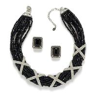 A Barrera Black Bead and Rhinestone Demi Parure, Necklace: 17.5"- 20.25" x 1"; Earclips: 1" x .75".