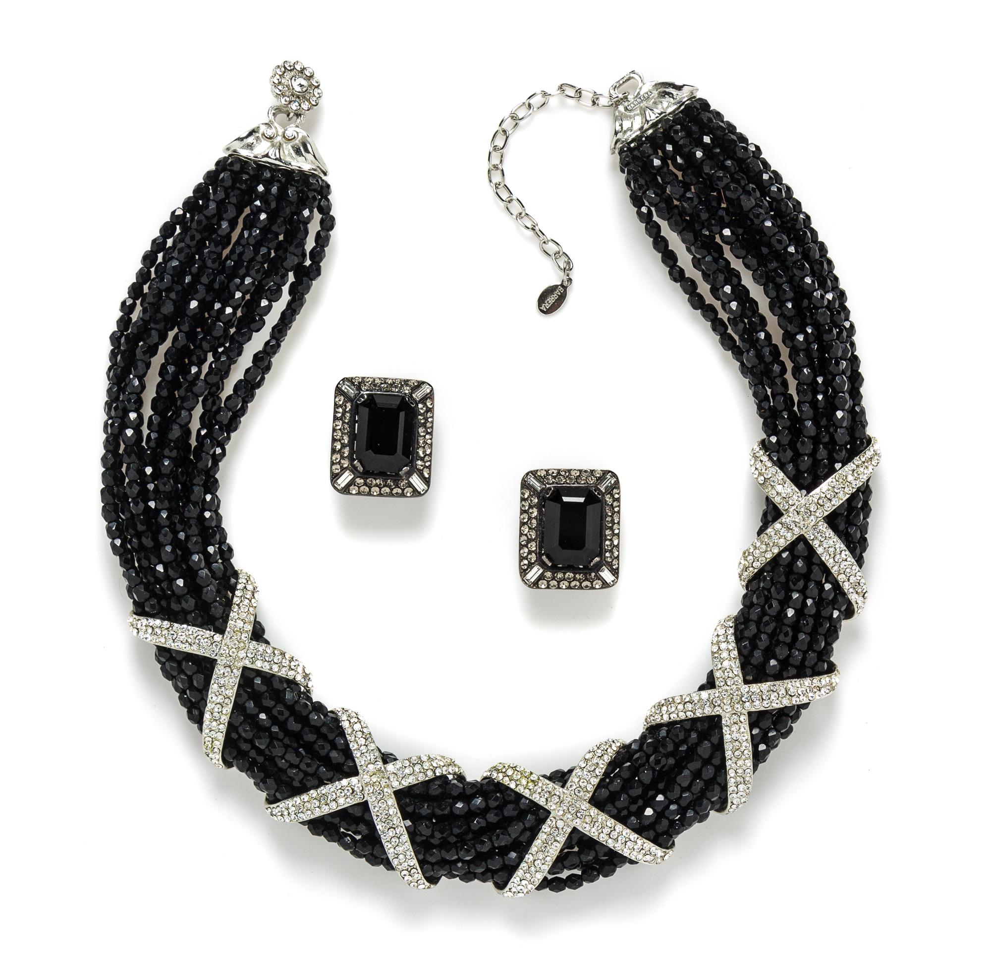 A Barrera Black Bead and Rhinestone Demi Parure, Necklace: 17.5"- 20.25" x 1"; Earclips: 1" x .75".
