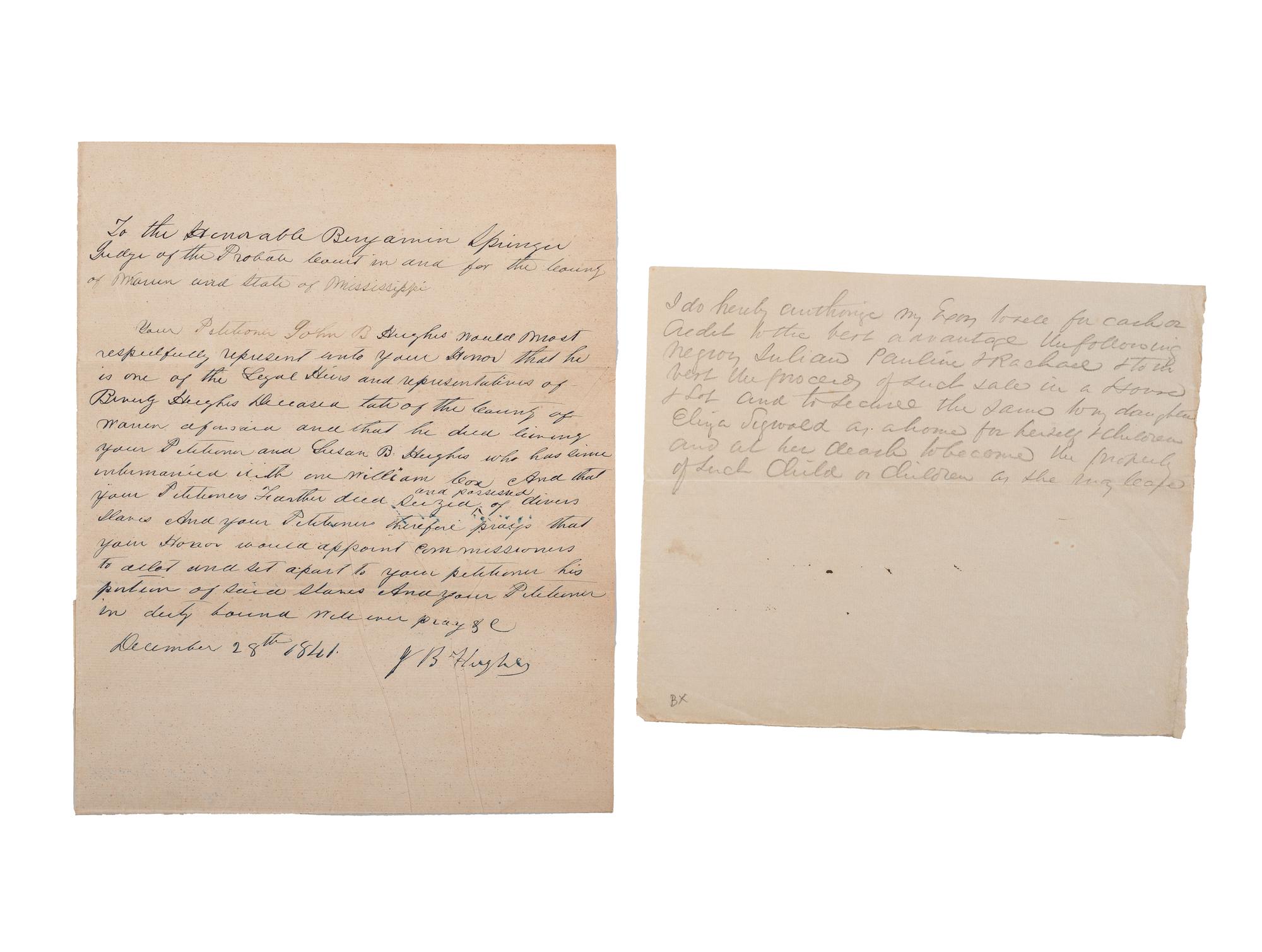 [SLAVERY & ABOLITION]. A group of 2 documents related to the enslavement of individuals in Mississippi, comprising: