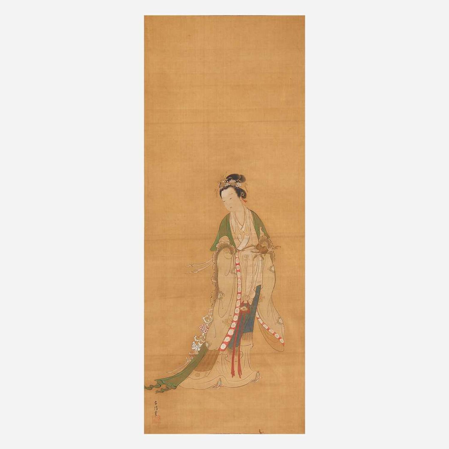 Kano Eisen'in Furunobu (Japanese b.1696-d.1731) 狩野永川 Elegant Maiden with Peach Spray ???