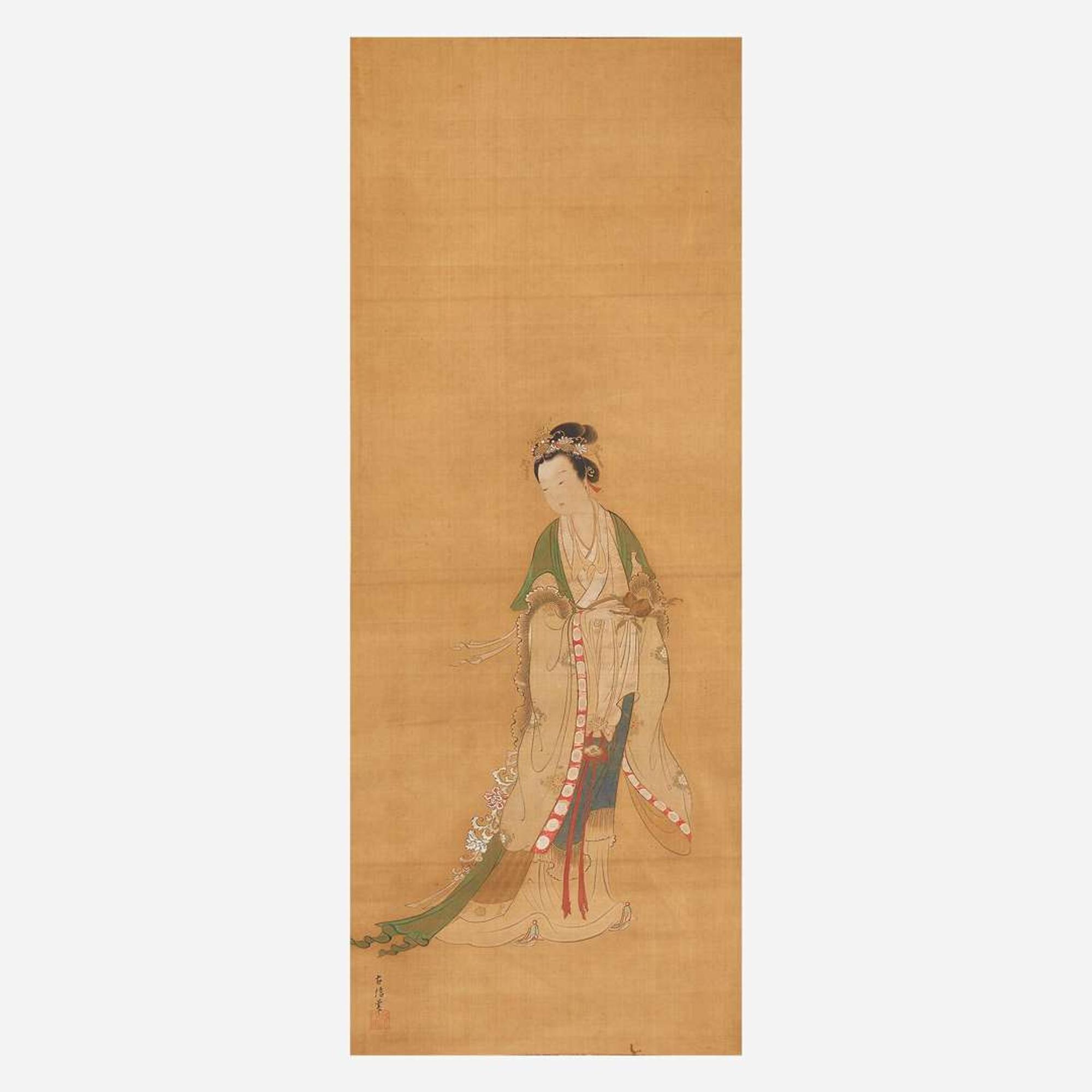 Kano Eisen'in Furunobu (Japanese b.1696-d.1731) 狩野永川 Elegant Maiden with Peach Spray ???