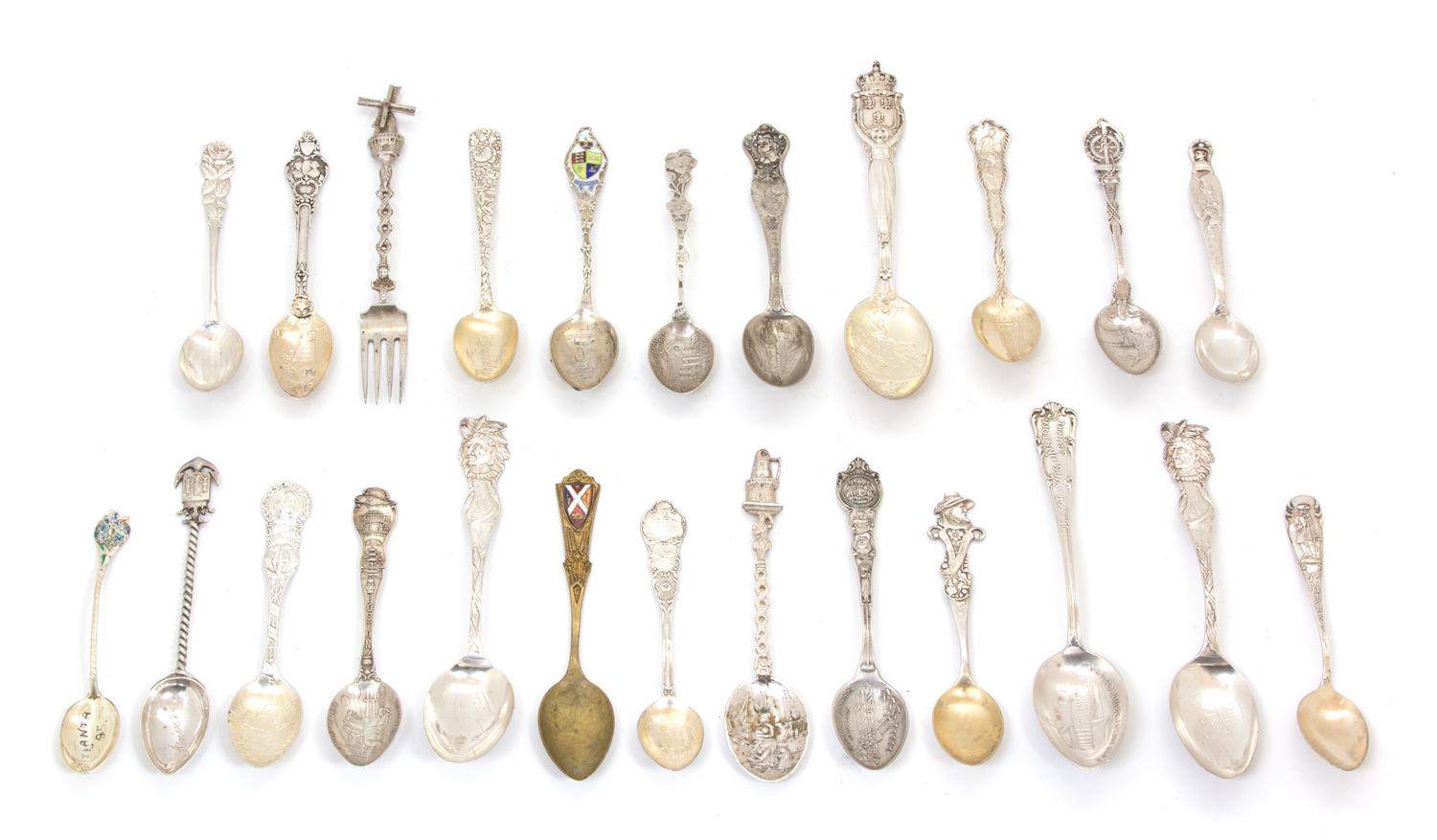 A Collection of American and Continental Silver Souvenir Spoons and One Fork, , 24 items total