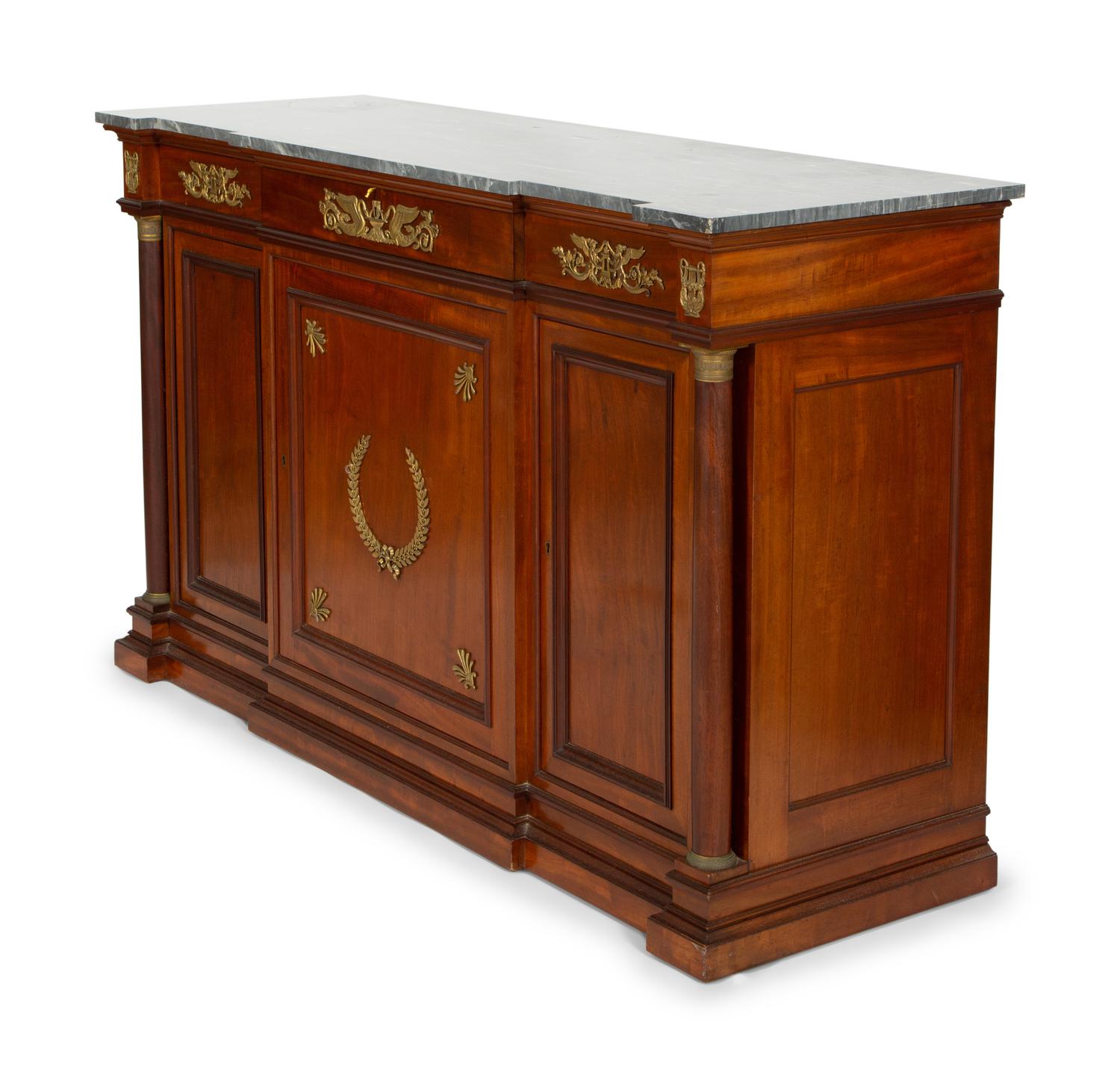 A French Empire Gilt Metal Mounted Mahogany Marble Top Sideboard