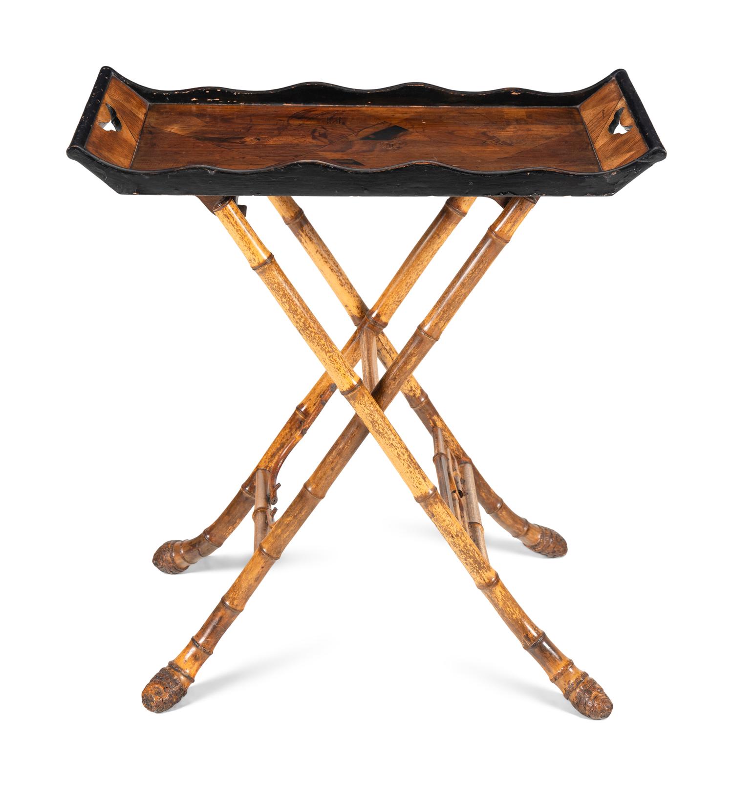 A Victorian Part Ebonized Tray Table on a Faux Bamboo Stand