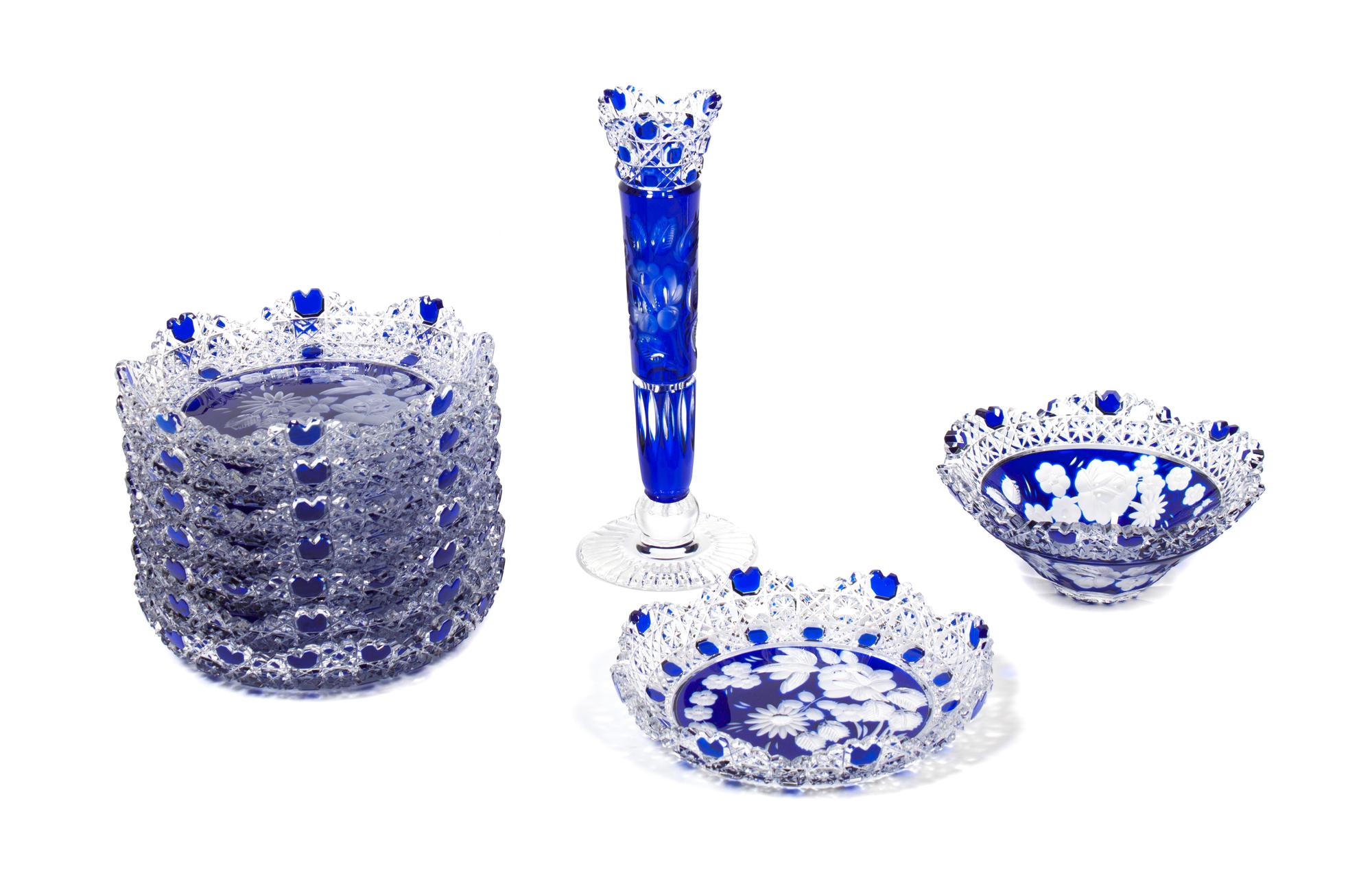 A Collection of Bohemian Blue Cut to Clear Table Articles Diameter of first 6 inches. — SECOND HALF 20TH CENTURY