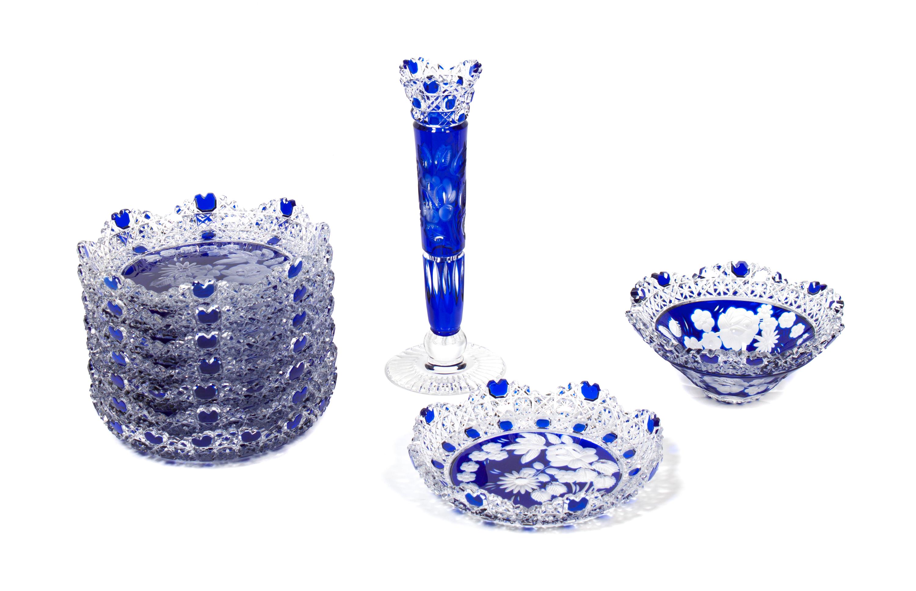 A Collection of Bohemian Blue Cut to Clear Table Articles Diameter of first 6 inches. — SECOND HALF 20TH CENTURY