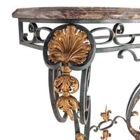 A French Green-Painted and Parcel Gilt Iron Marble-Top Console Table