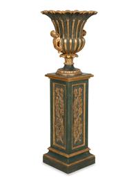 A Painted and Parcel Gilt Campagna-Form Urn on Pedestal