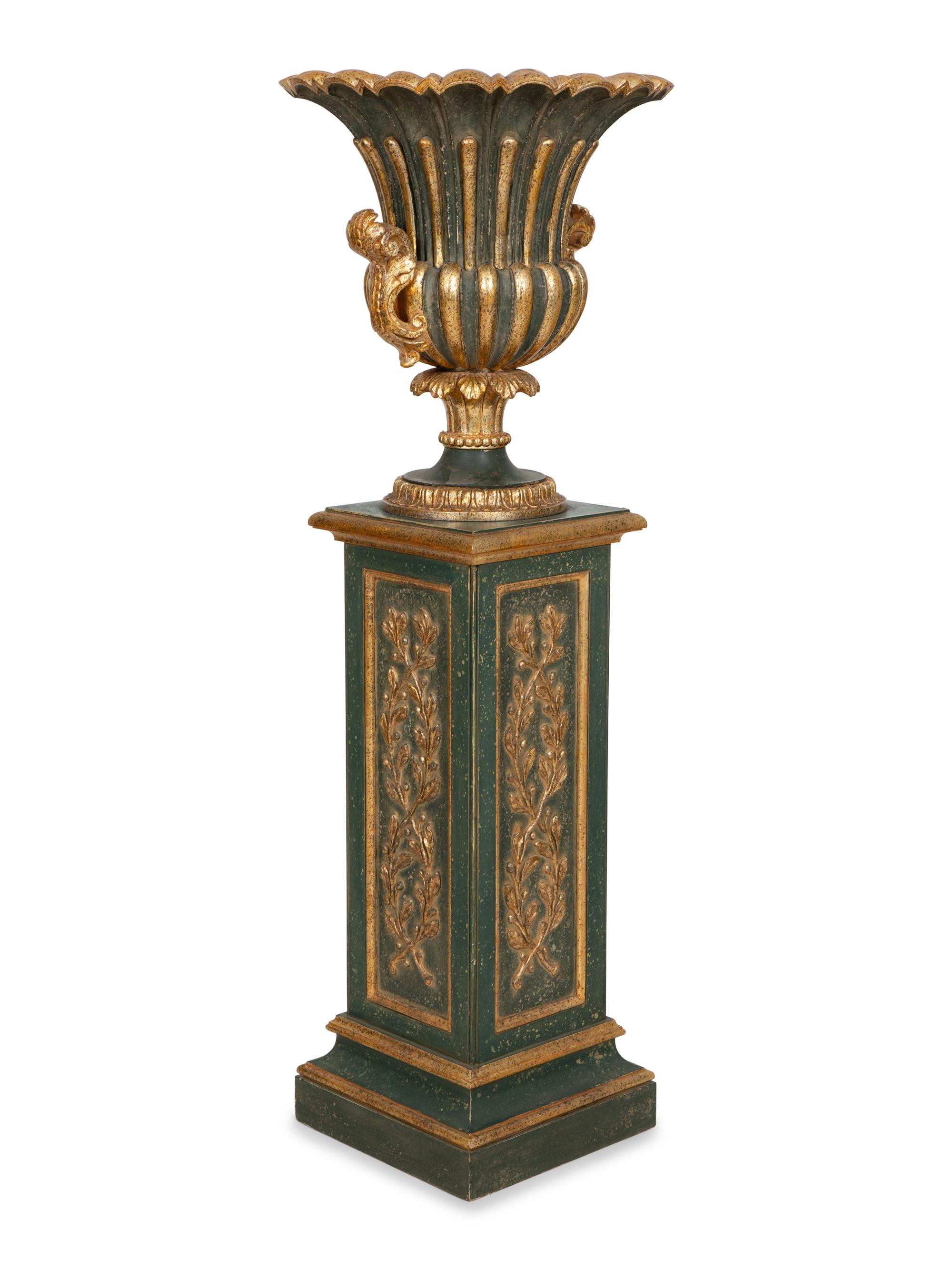 A Painted and Parcel Gilt Campagna-Form Urn on Pedestal