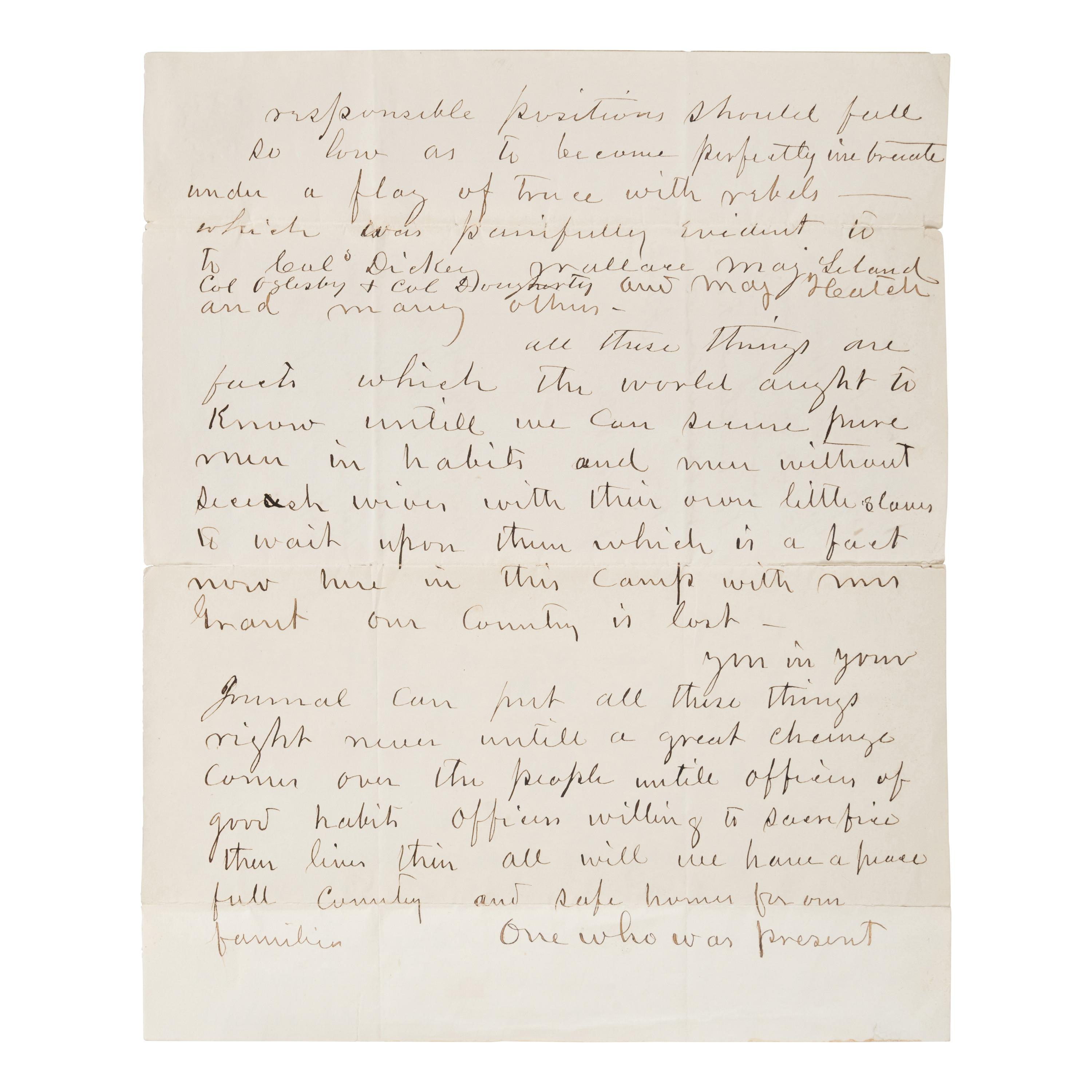 Lincoln, Abraham (1809-1865). Autograph endorsement signed ("A. Lincoln"), 8 lines, Washington, D.C., 4 January 1862, on the verso of an anonymous letter addressed to the Chicago Tribune, Cairo, Illinois, 24 December 1861.