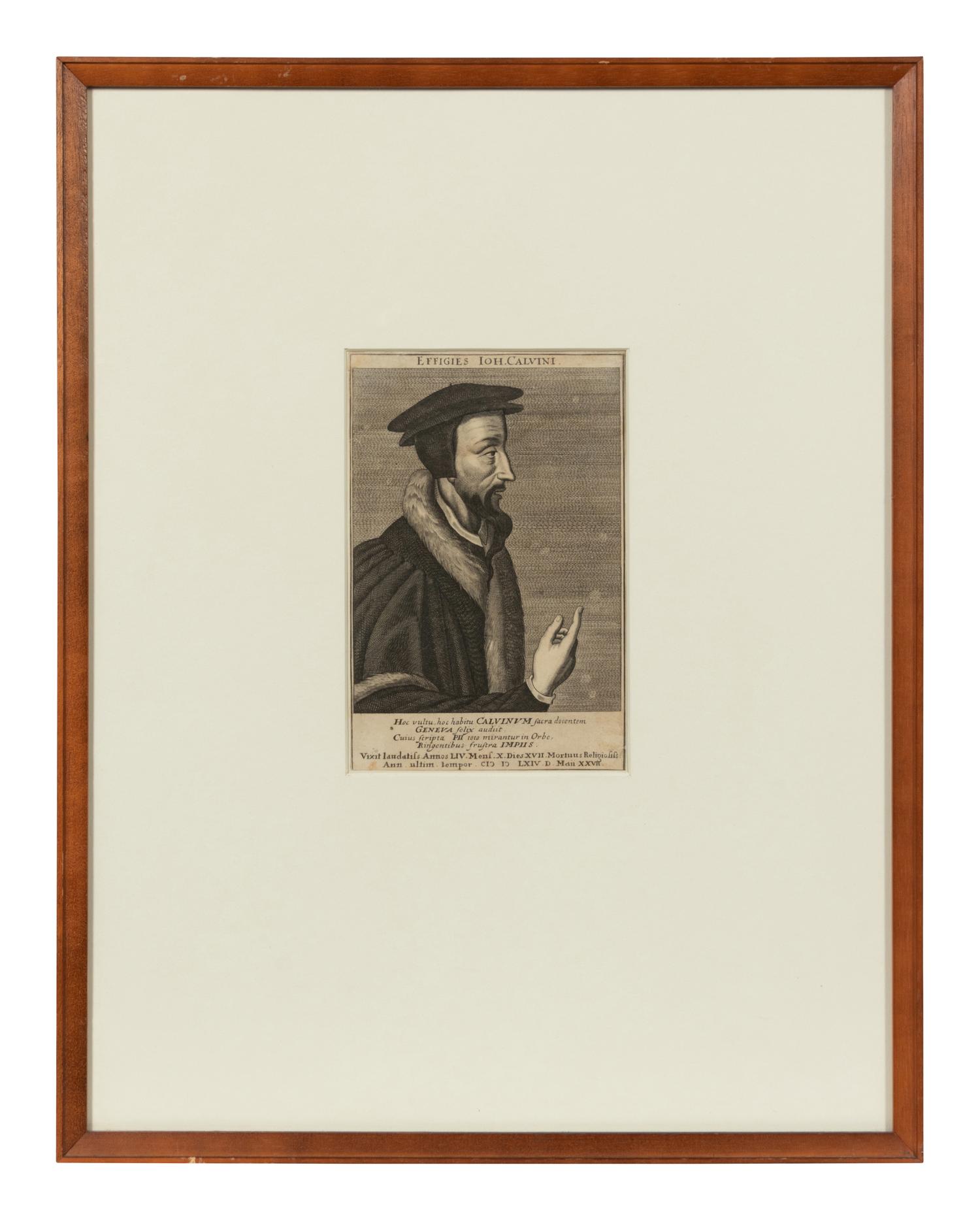 A group of four European engravings depicting Rembrandt, John Calvin, Johann Frederick I, and an unknown sitter