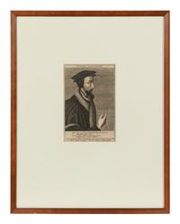 A group of four European engravings depicting Rembrandt, John Calvin, Johann Frederick I, and an unknown sitter