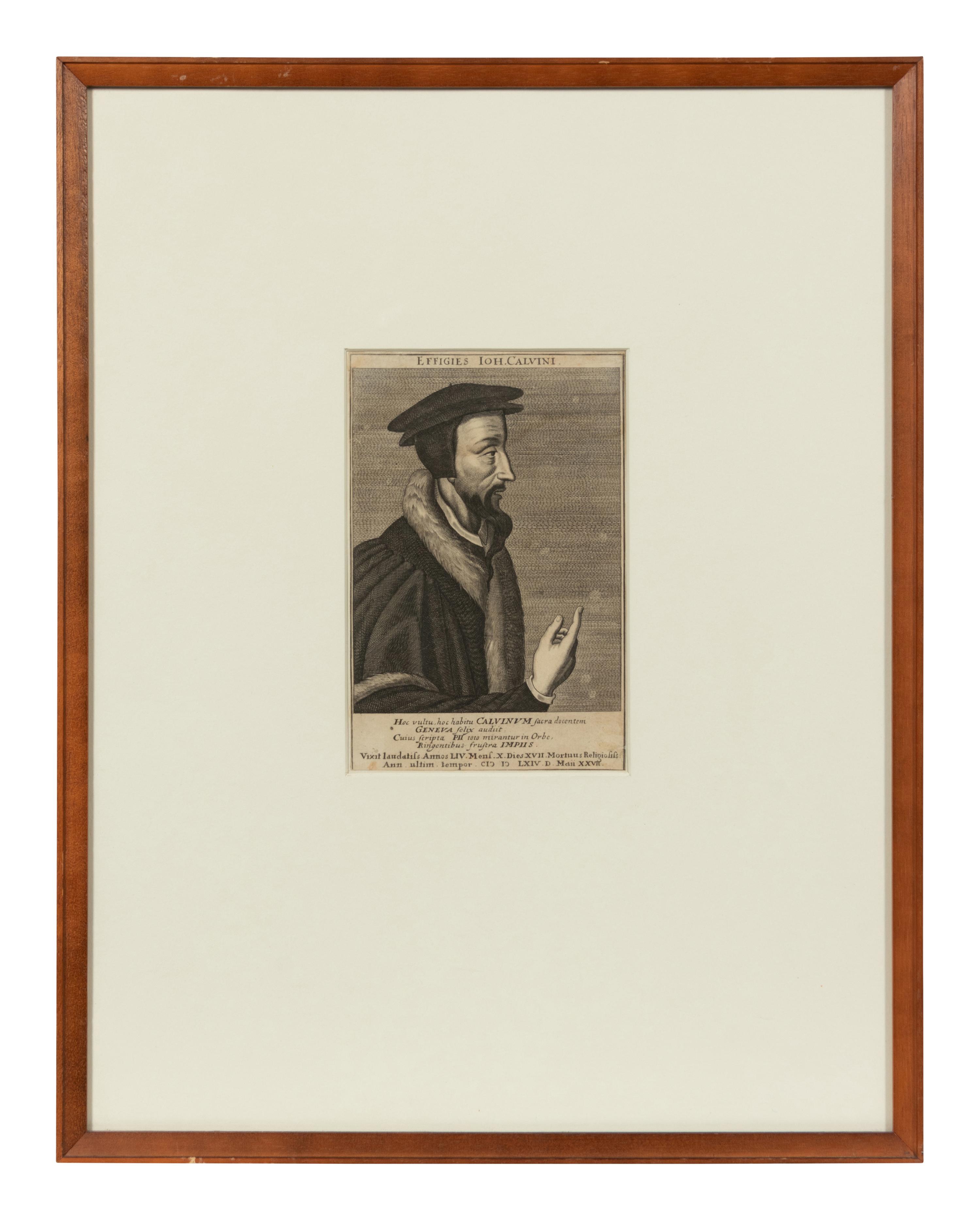 A group of four European engravings depicting Rembrandt, John Calvin, Johann Frederick I, and an unknown sitter