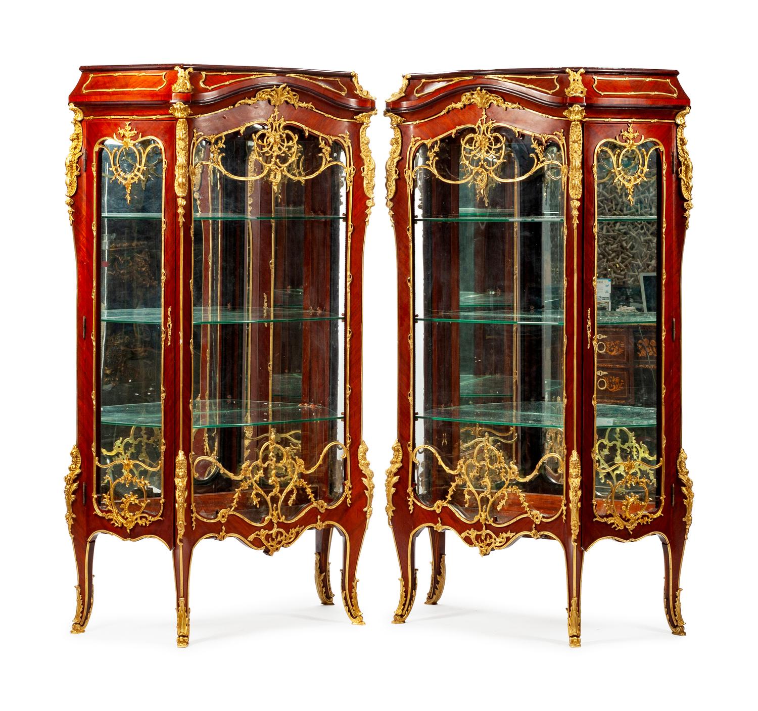 A Pair of Louis XV Style Gilt-Bronze-Mounted Kingwood and Tulipwood Vitrines