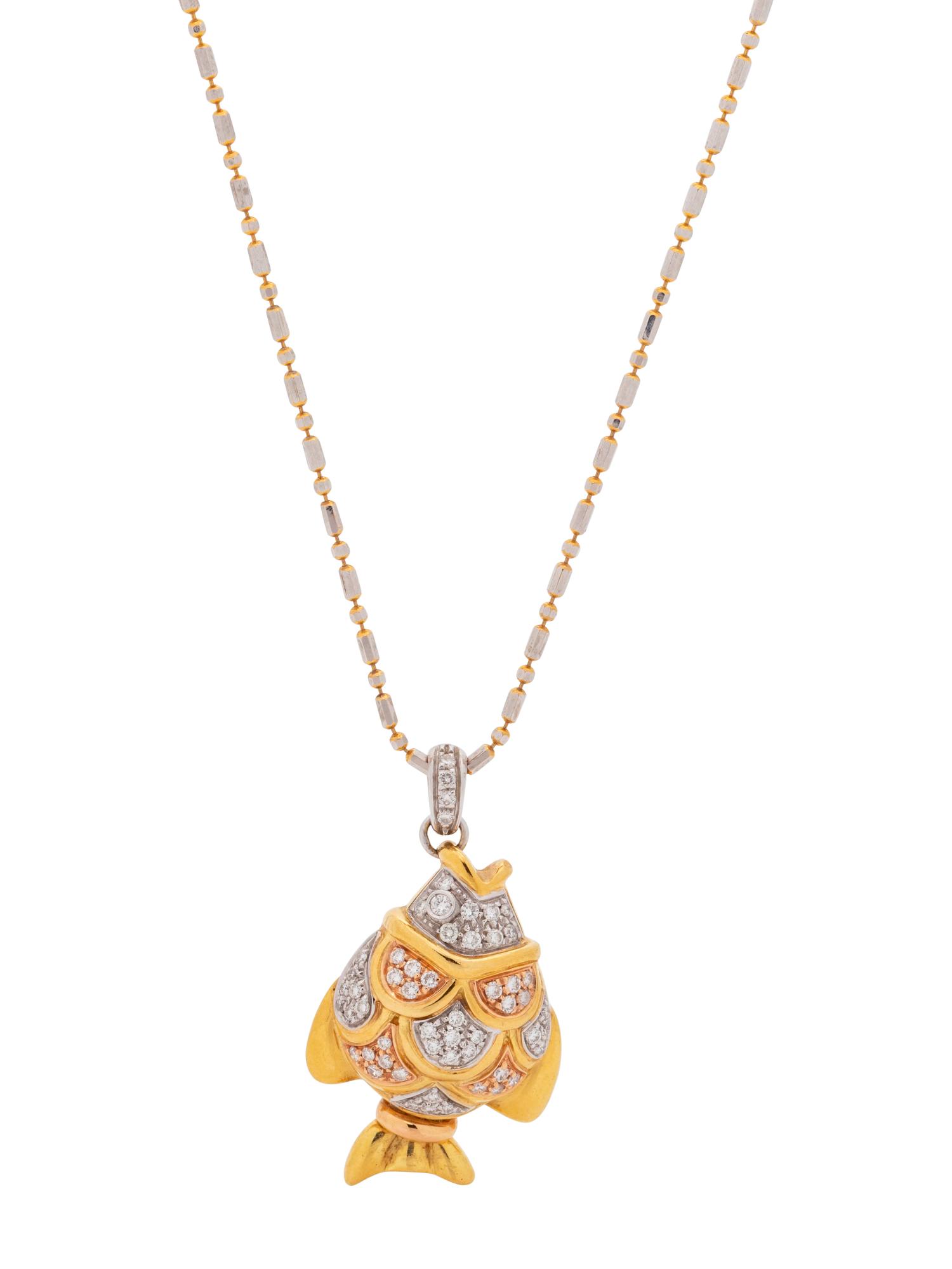 BICOLOR GOLD AND DIAMOND FISH PENDANT/NECKLACE