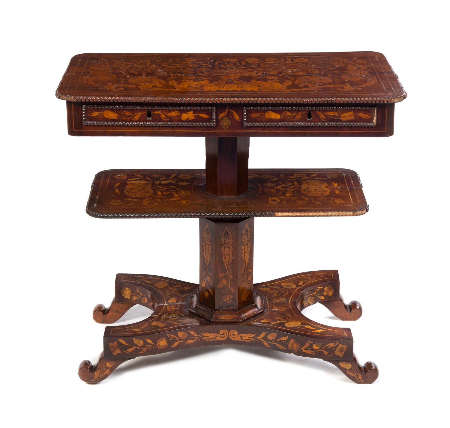 A Dutch Marquetry Two-Tier Console Table Height 30 x width 31 x depth 16 inches. — 19th CENTURY