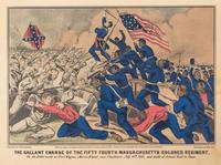 CURRIER & IVES. The Gallant Charge of the Fifty Fourth Massachusetts (Colored) Regiment. New York, 1863. Hand-colored lithograph.