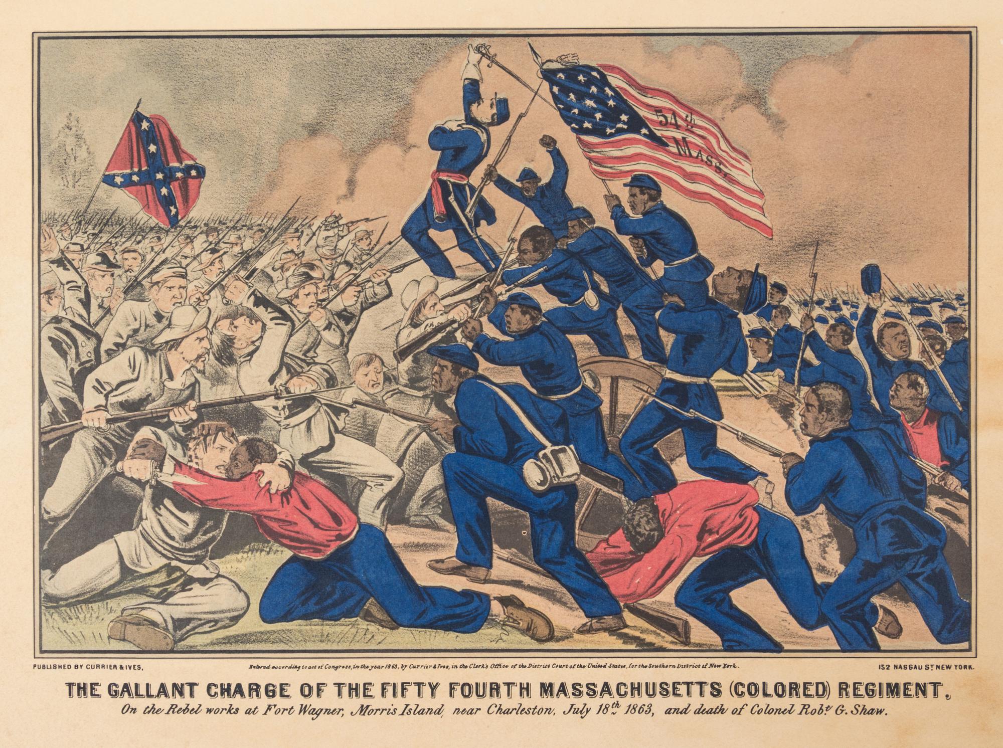 CURRIER & IVES. The Gallant Charge of the Fifty Fourth Massachusetts (Colored) Regiment. New York, 1863. Hand-colored lithograph.