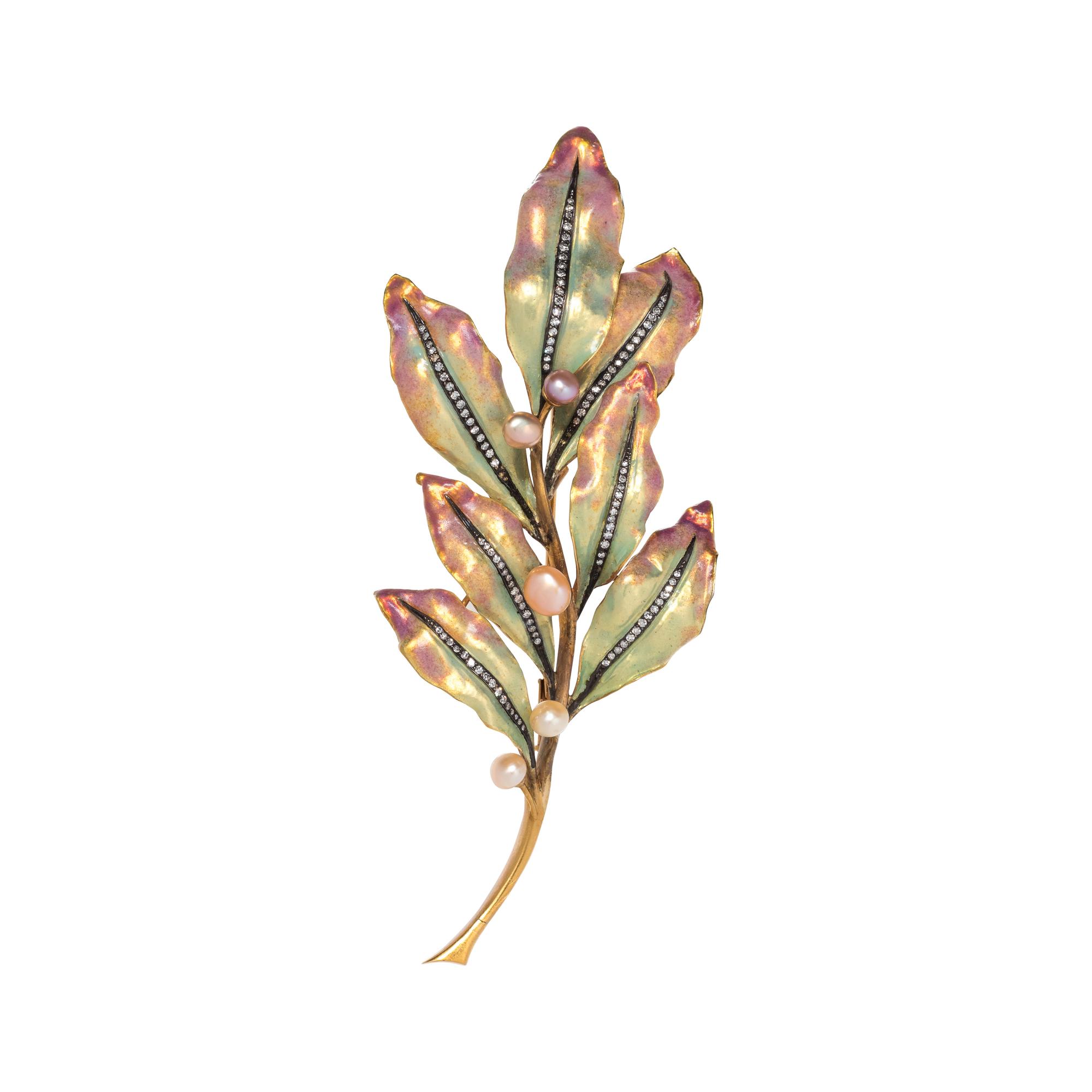 EVELYN CLOTHIER, ENAMEL, DIAMOND AND CULTURED PEARL LEAF BROOCH