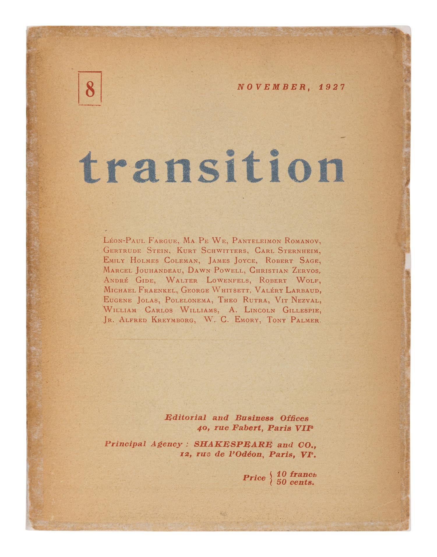 JOYCE, James (1882-1941). ["Anna Livia Plurabelle."] "Continuation of a Work in Progress." In: transition , No. 8, pp. 17-35. Paris: Shakespeare and Co., November 1927.