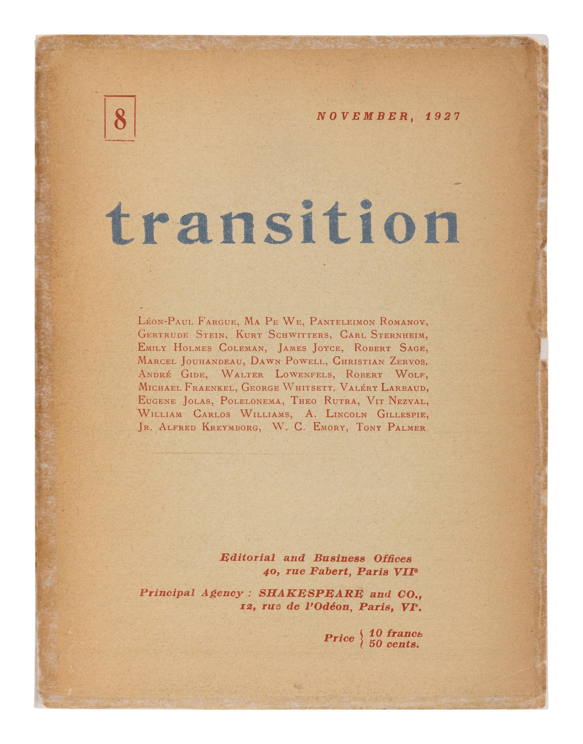 JOYCE, James (1882-1941). ["Anna Livia Plurabelle."] "Continuation of a Work in Progress." In: transition , No. 8, pp. 17-35. Paris: Shakespeare and Co., November 1927.