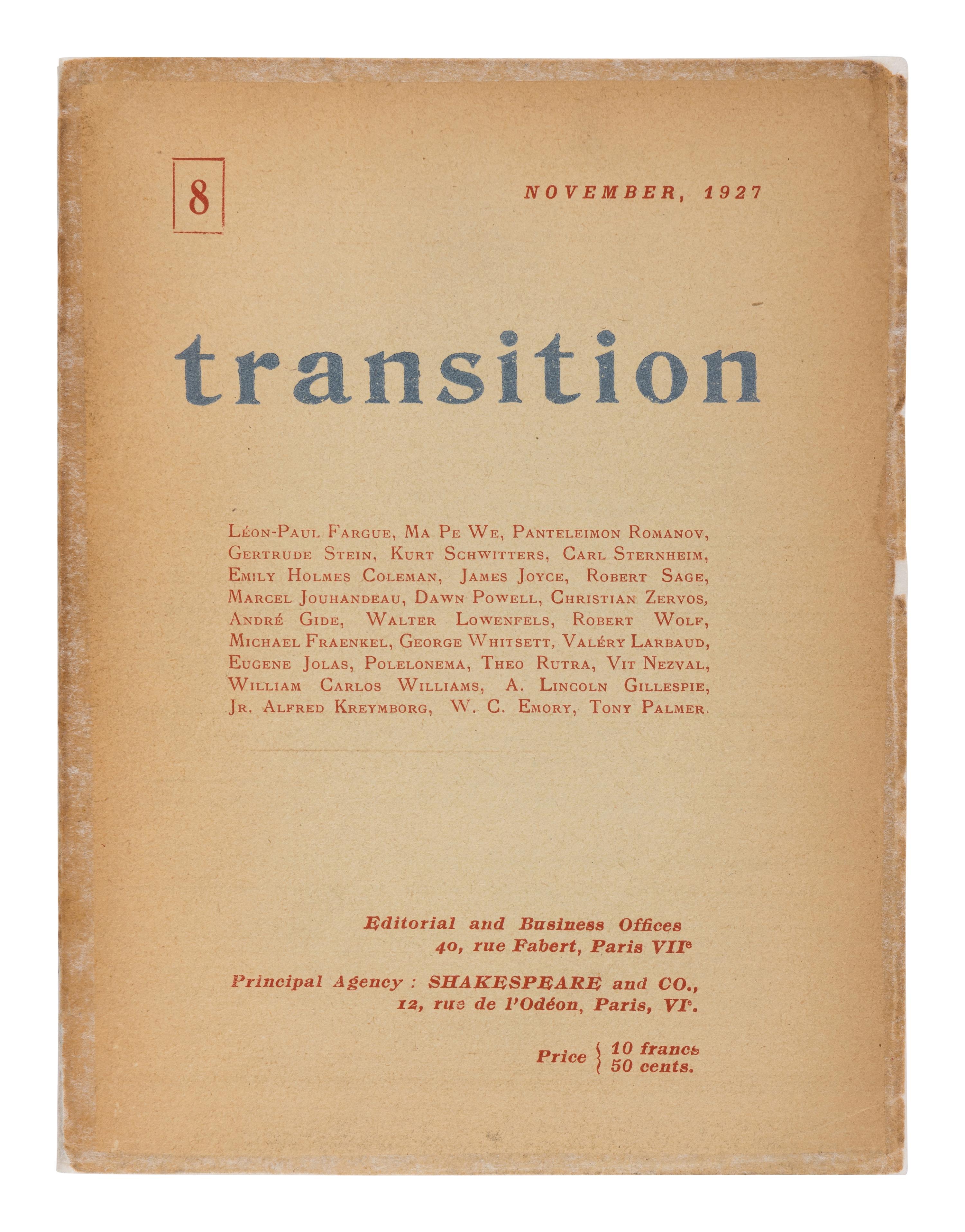 JOYCE, James (1882-1941). ["Anna Livia Plurabelle."] "Continuation of a Work in Progress." In: transition , No. 8, pp. 17-35. Paris: Shakespeare and Co., November 1927.