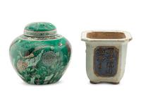 A Large Chinese Export Famille Verte Porcelain Covered Jar and A Chinese Painted Stoneware Cachepot