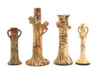 Four Weller Pottery Vases Height of tallest 10 1/2 inches.