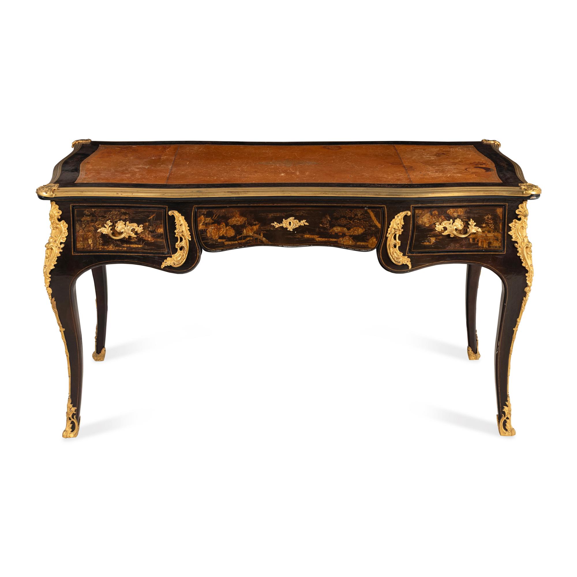 A Louis XV Style Black Lacquer and Gilt Bronze Mounted Bureau Plat