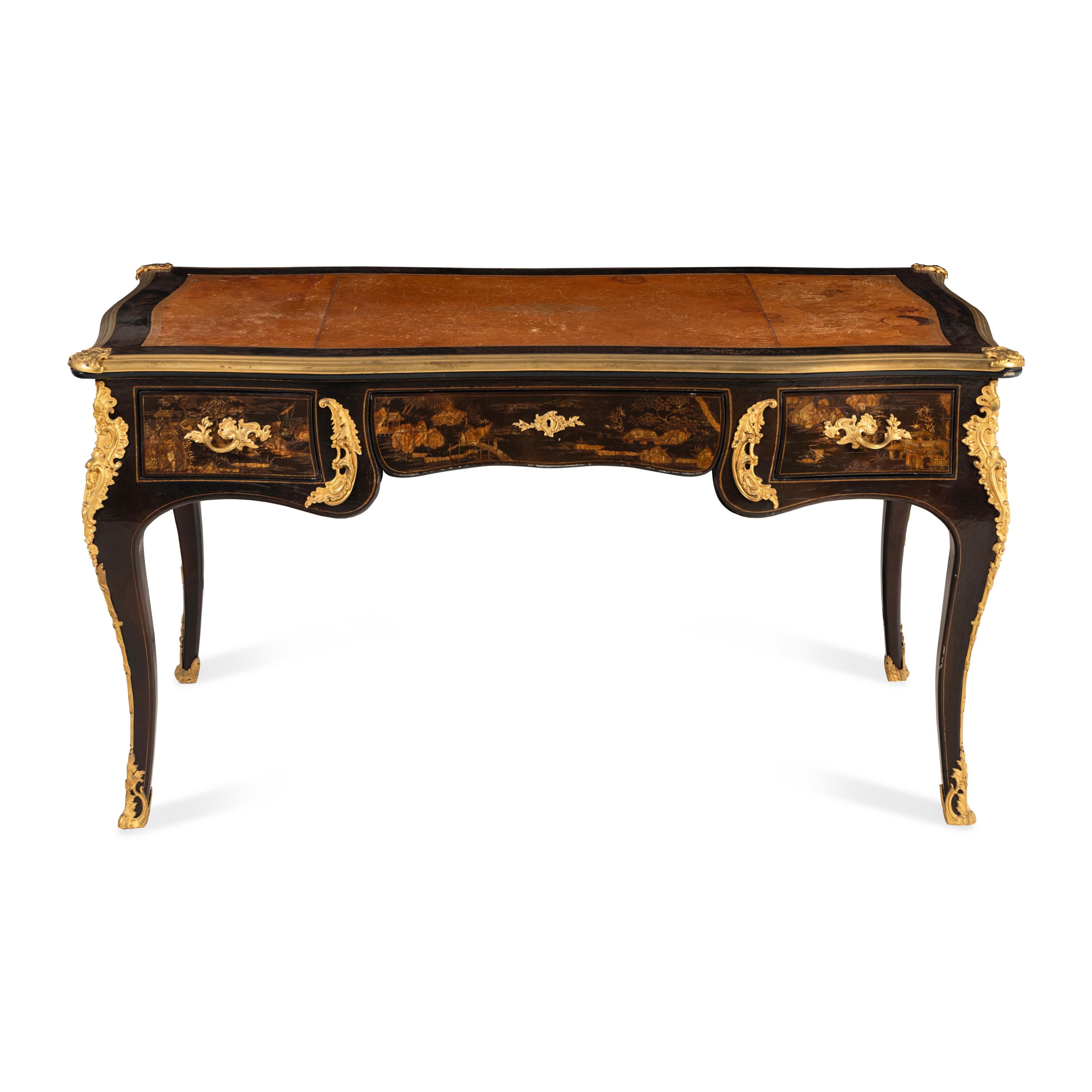 A Louis XV Style Black Lacquer and Gilt Bronze Mounted Bureau Plat