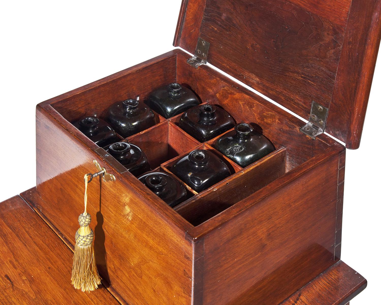 A Queen Anne Walnut Bottle Case on Stand with Drop Leaf