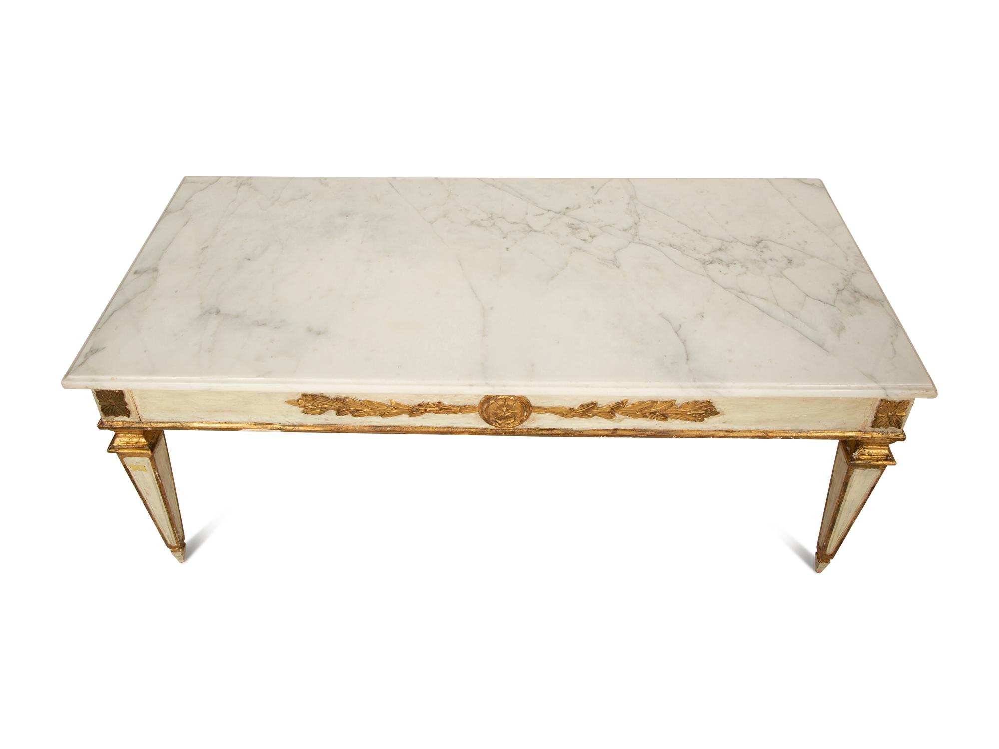 A Continental Painted and Parcel Gilt Marble-Top Low Table