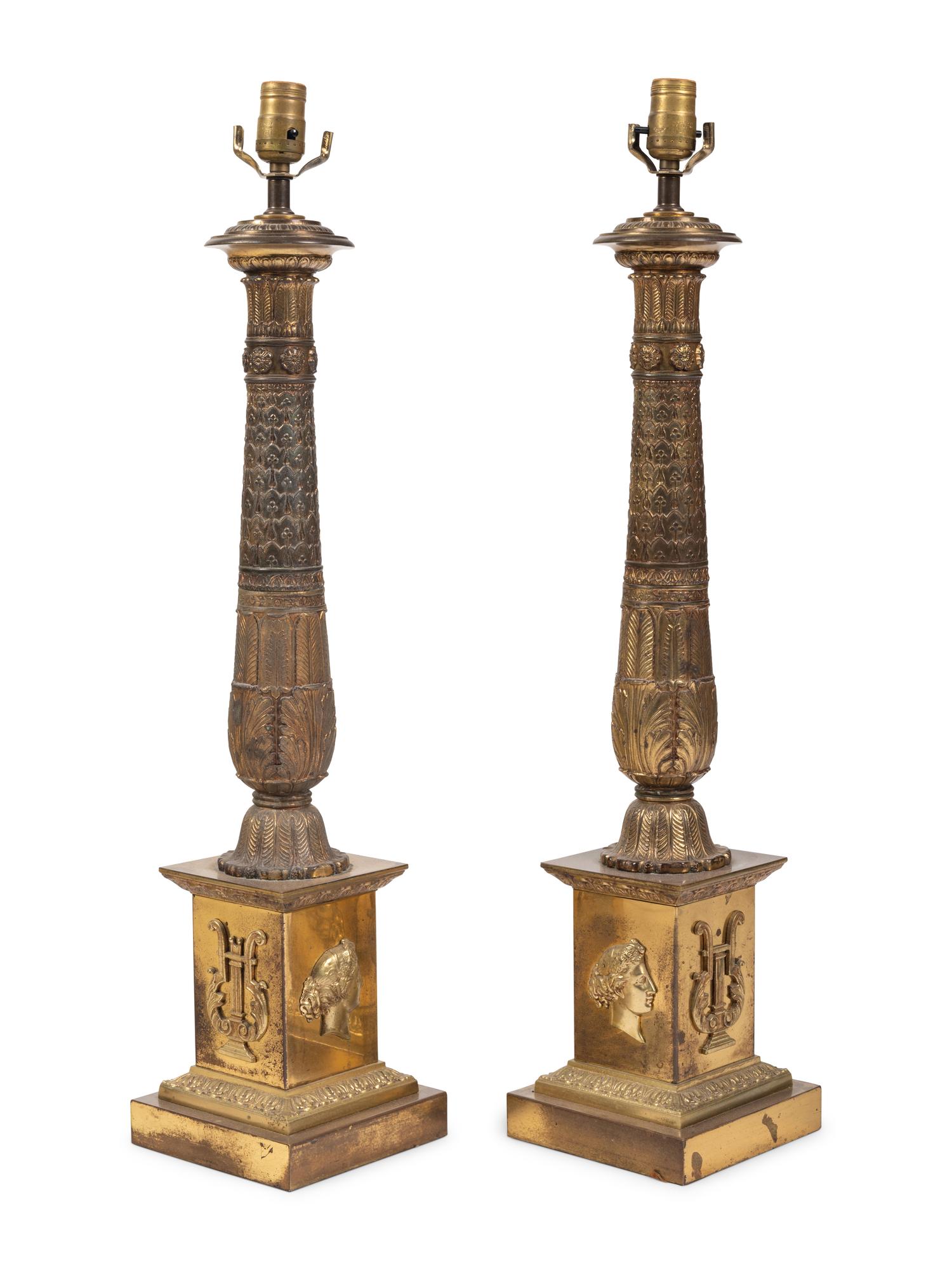 A Pair of Empire Style Gilt Bronze Lamps