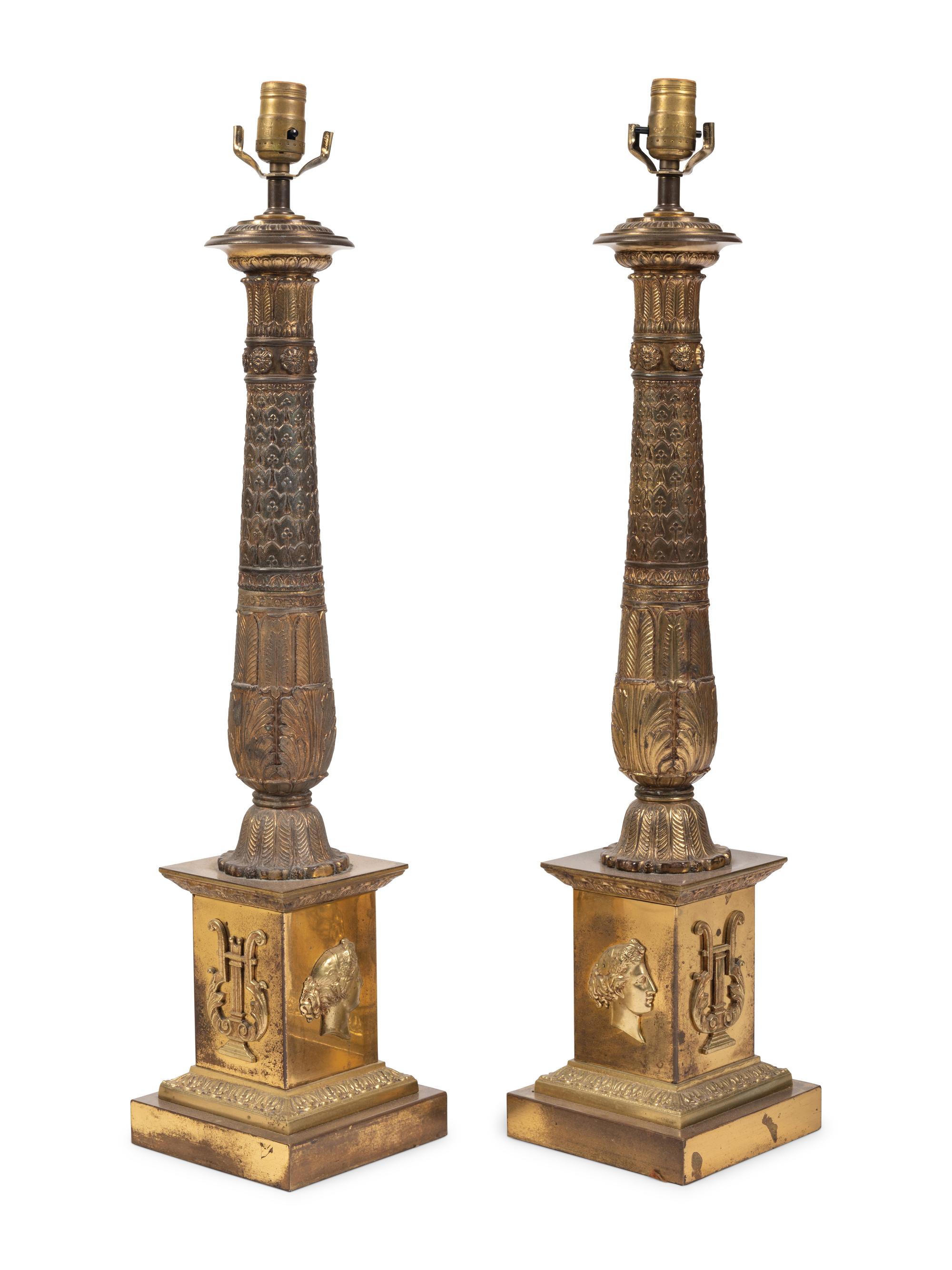 A Pair of Empire Style Gilt Bronze Lamps