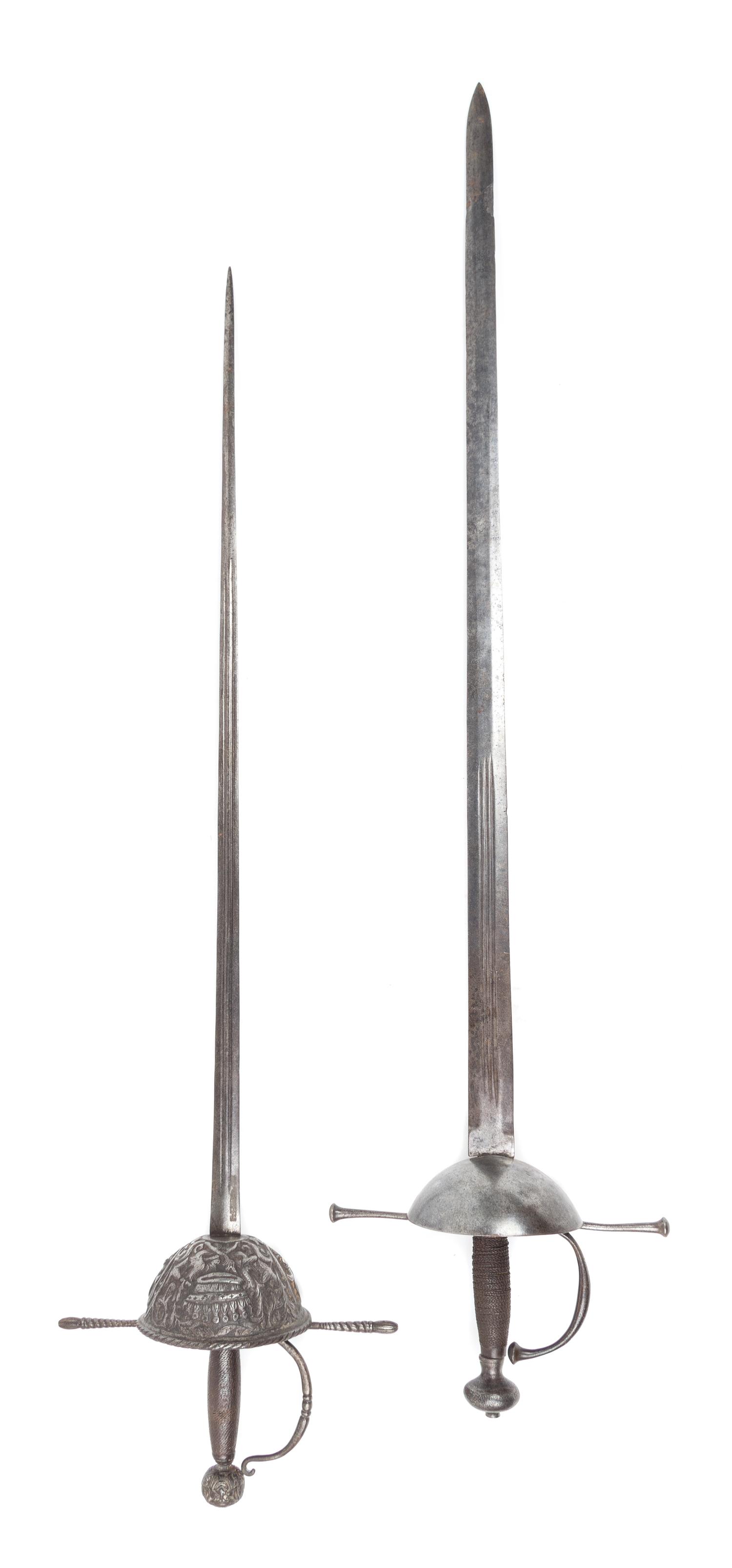 Two Continental Basket-Handled Rapiers Length of longer 43 1/2 inches.