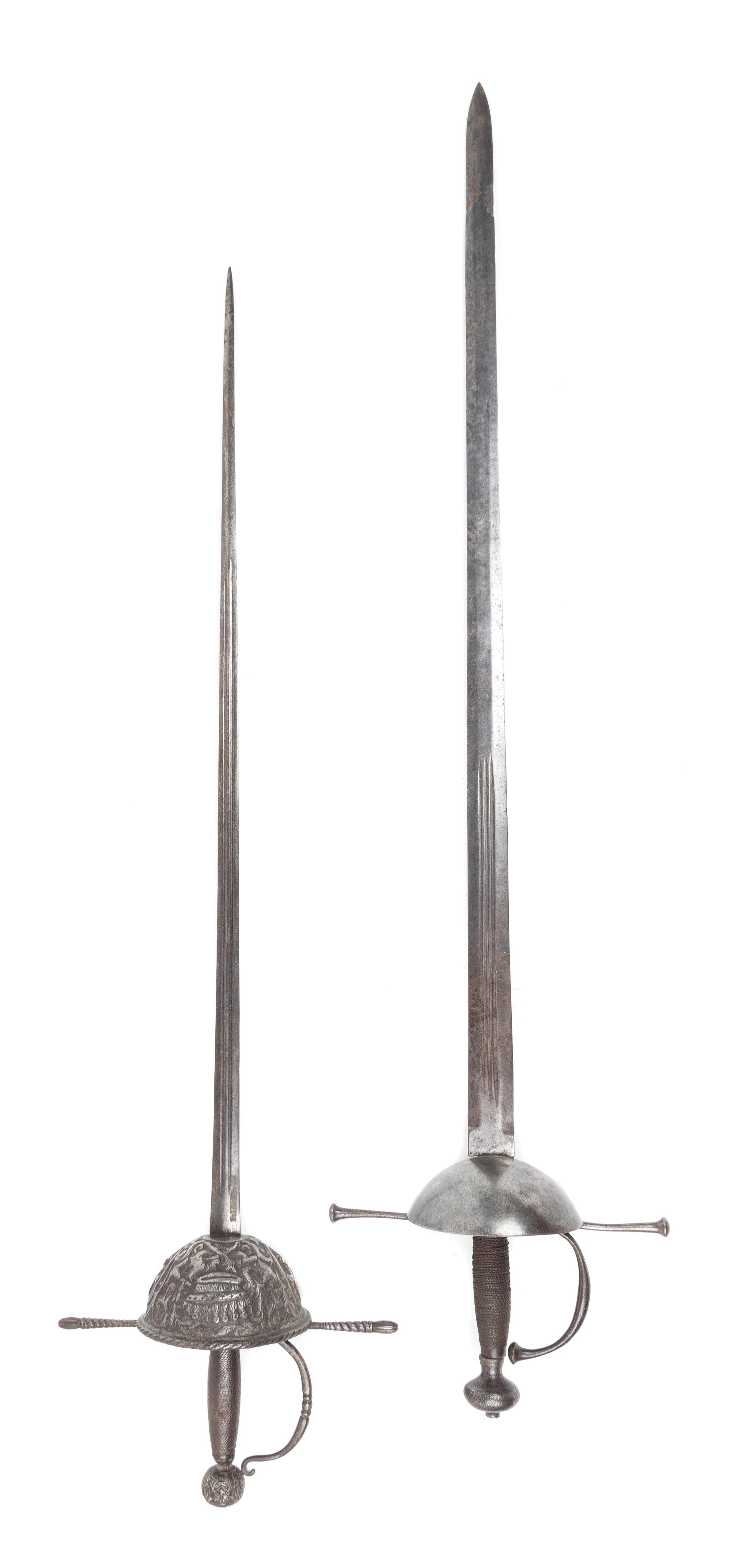 Two Continental Basket-Handled Rapiers Length of longer 43 1/2 inches.