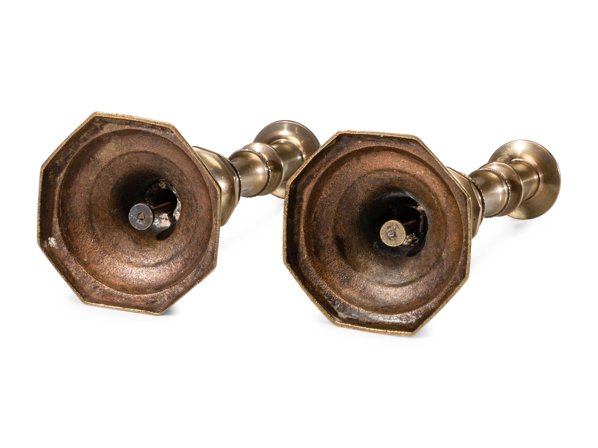 A Pair of English Brass Octagonal Base Candlesticks
