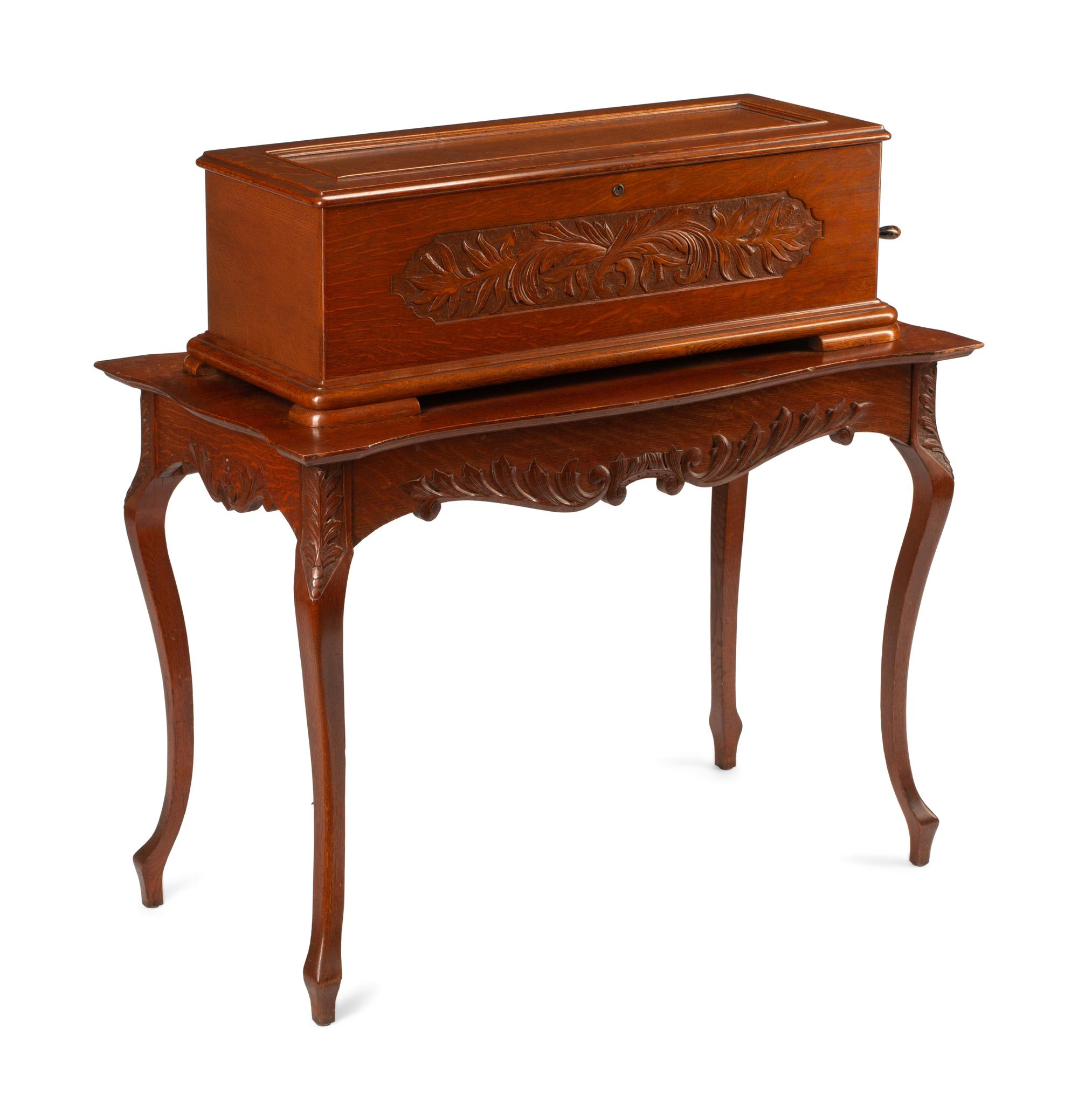A Swiss Oak-Cased Cylinder Music Box and an Associated Stand