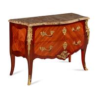 A Louis XV Style Gilt Bronze Mounted Mahogany, Kingwood and Breche d'Alep Marble-Top Commode