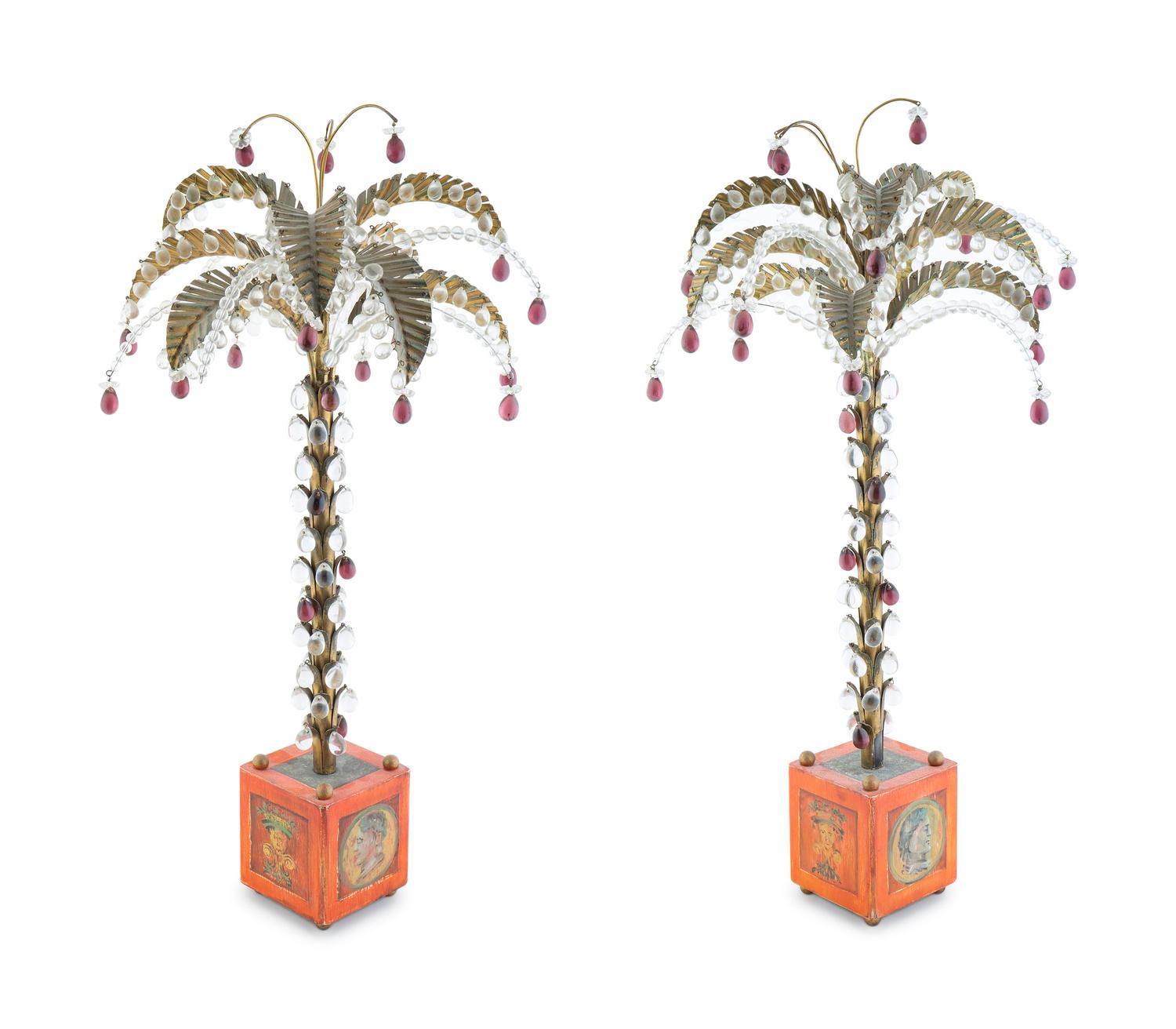 A Pair of Tole Peint Palm Trees Hung with Clear and Amethyst Drops — 20TH CENTURY