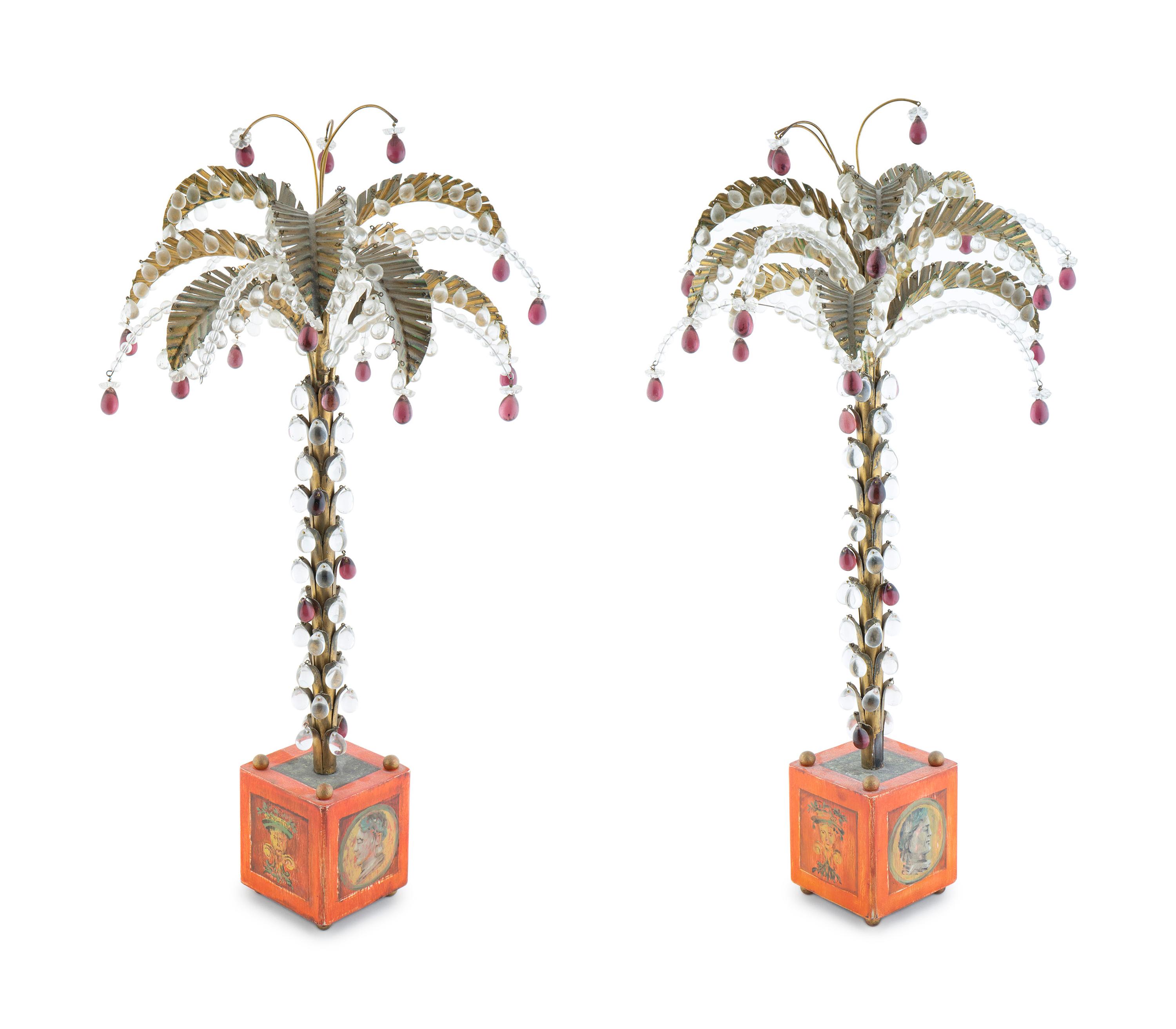 A Pair of Tole Peint Palm Trees Hung with Clear and Amethyst Drops — 20TH CENTURY
