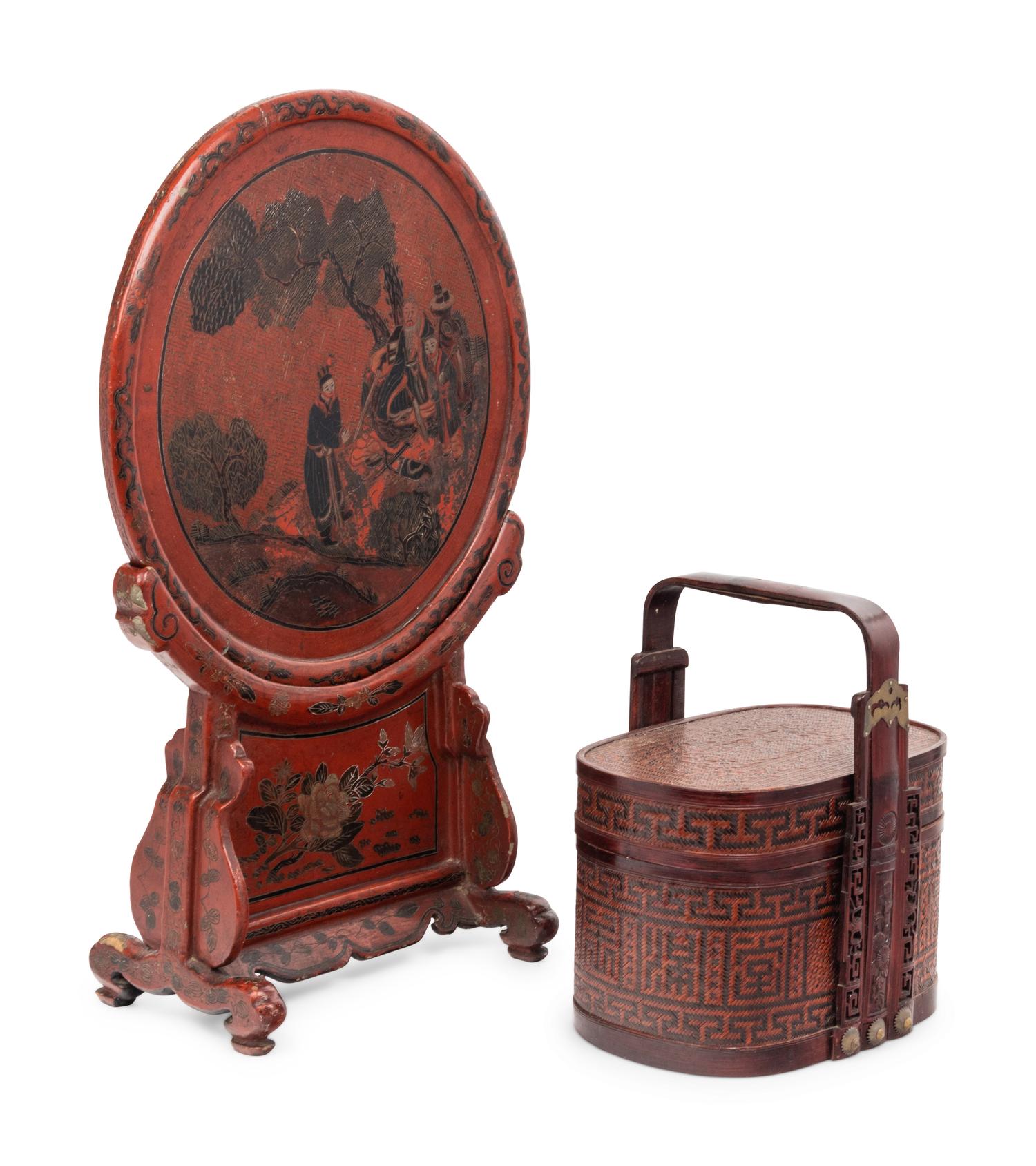 A Chinese Lacquered Bamboo Basket and A Carved Red Lacquer Table Screen