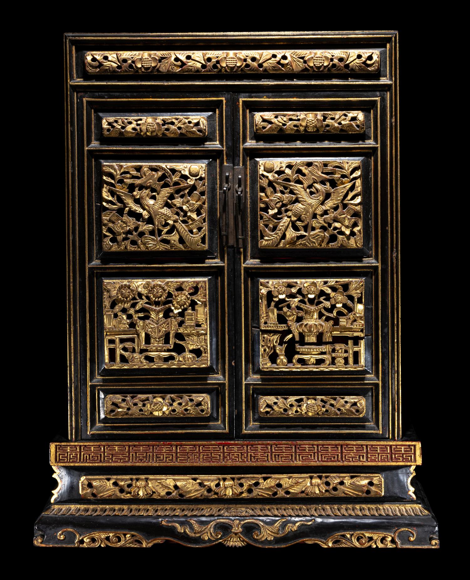 A Chinese Gilt and Black Lacquered Wood Shrine