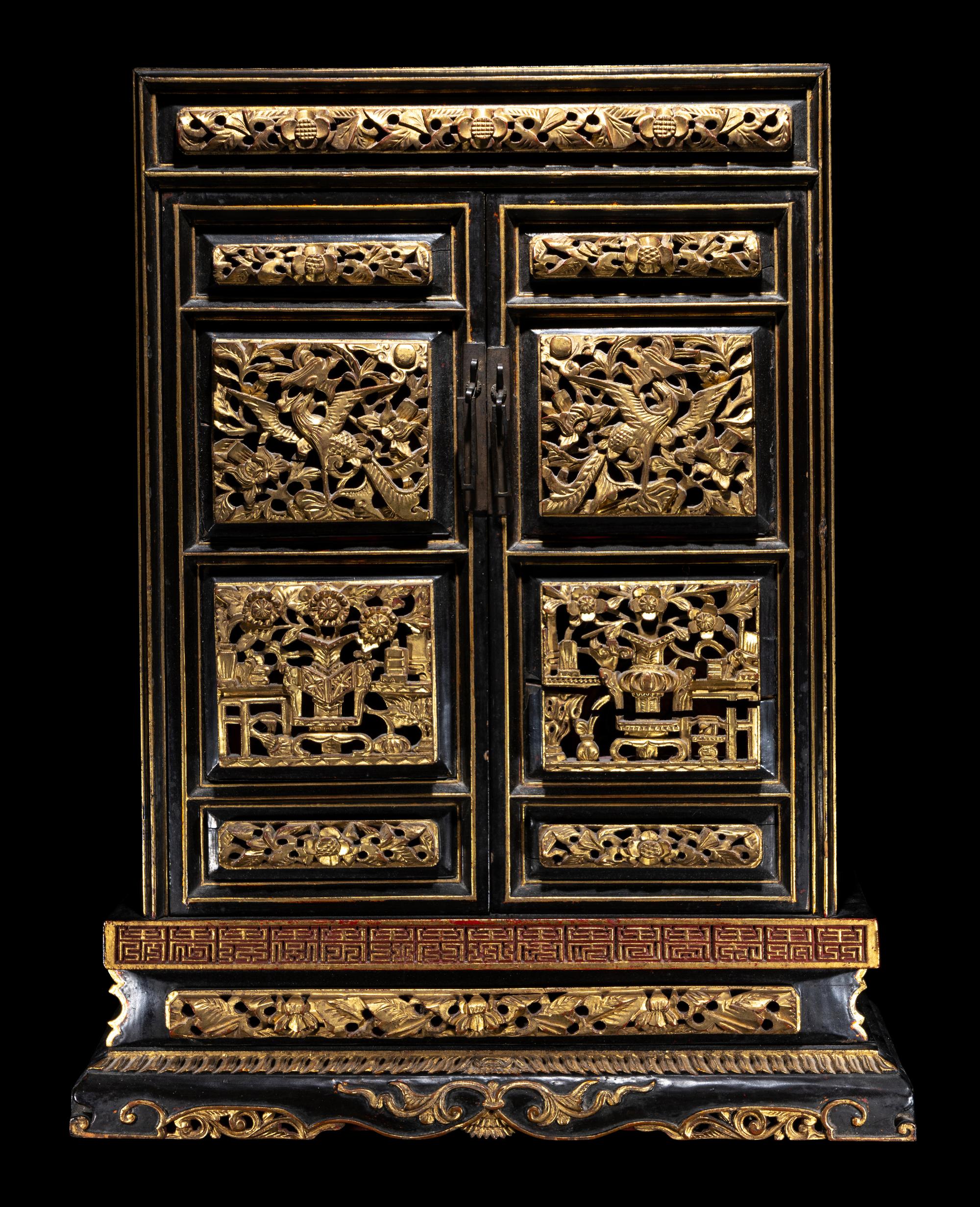 A Chinese Gilt and Black Lacquered Wood Shrine